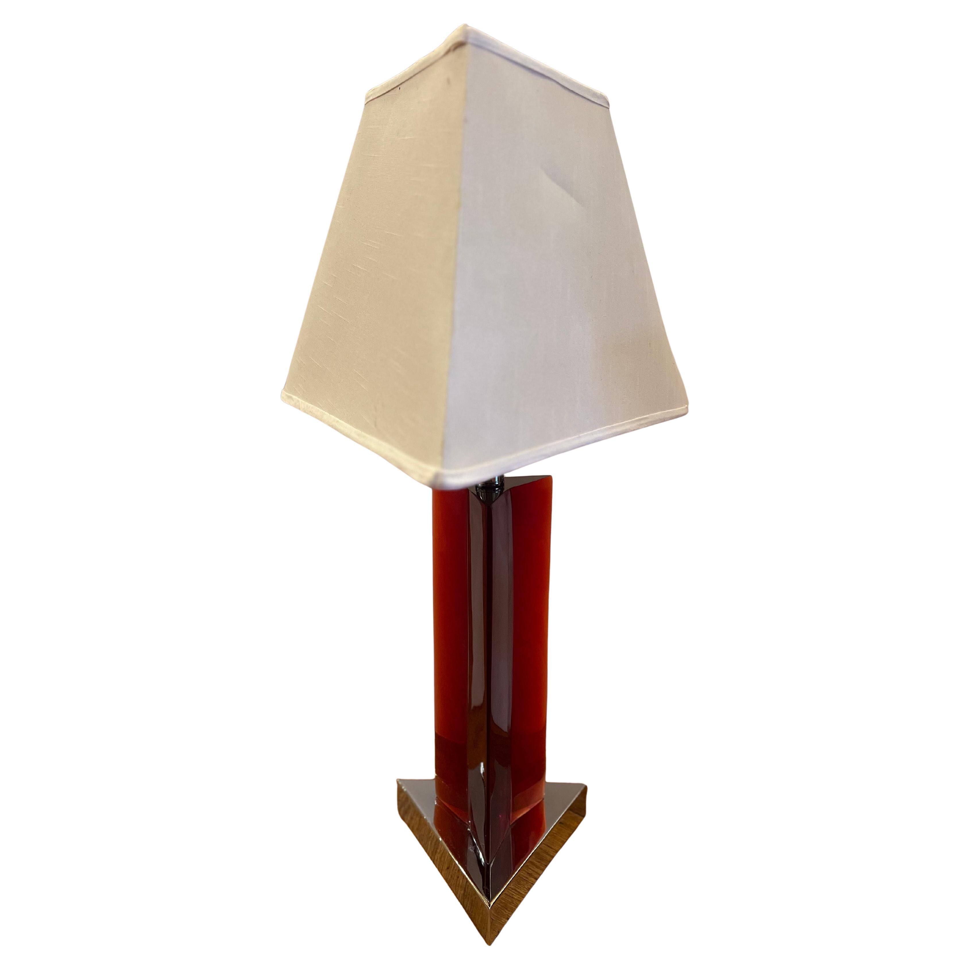 Beautiful striking rare red lucite & chrome table desk lamp with original triangle lampshade , all original condition circa 1980's the base shows light pitting as shown due to age , also the shade but overall its very clean and unique when lighted
