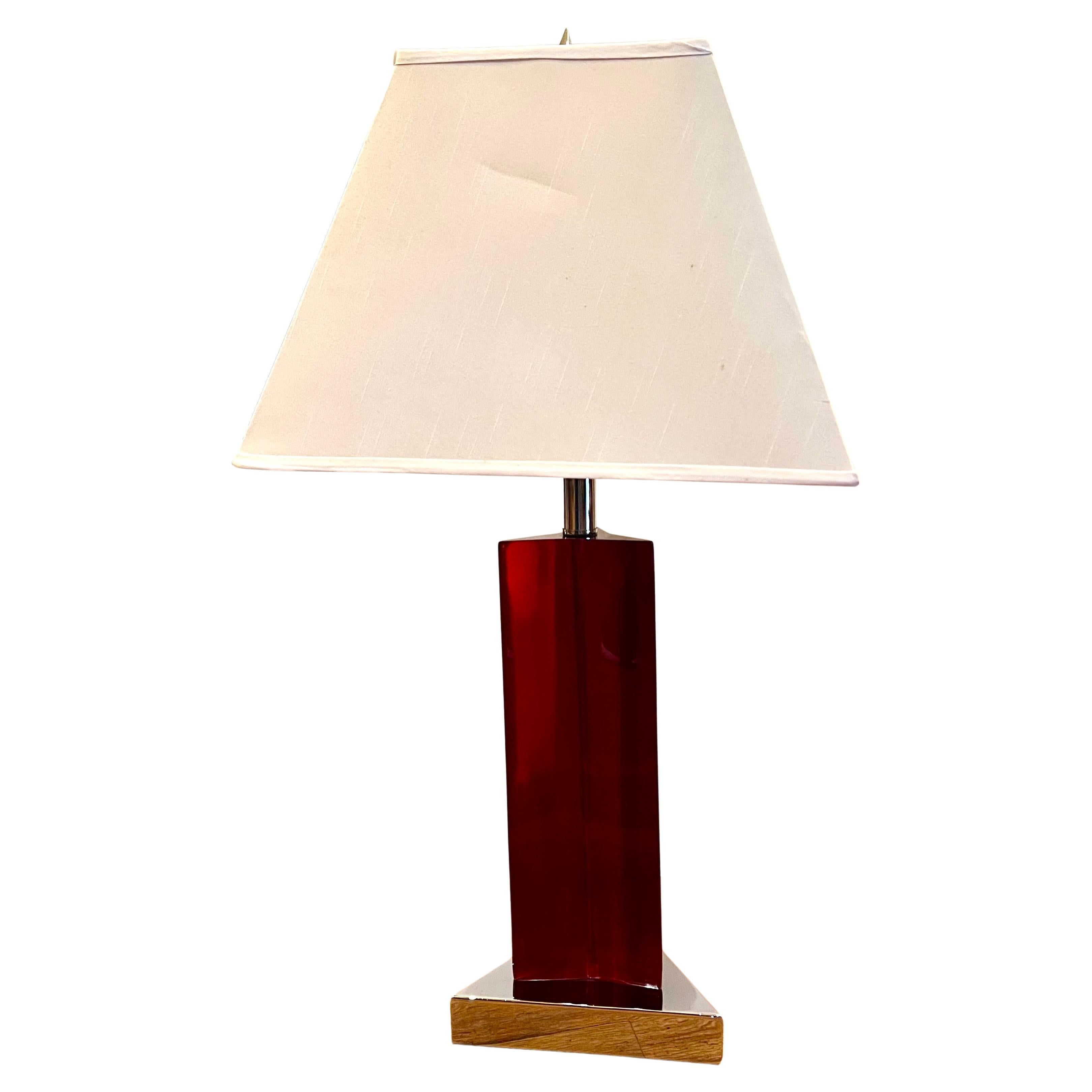 1980's Italian Postmodern Red Lucite & Chrome Striking Triangle Rare Table Lamp In Good Condition For Sale In San Diego, CA