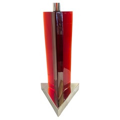 1980's Italian Postmodern Red Lucite & Chrome Striking Triangle Rare Table Lamp
