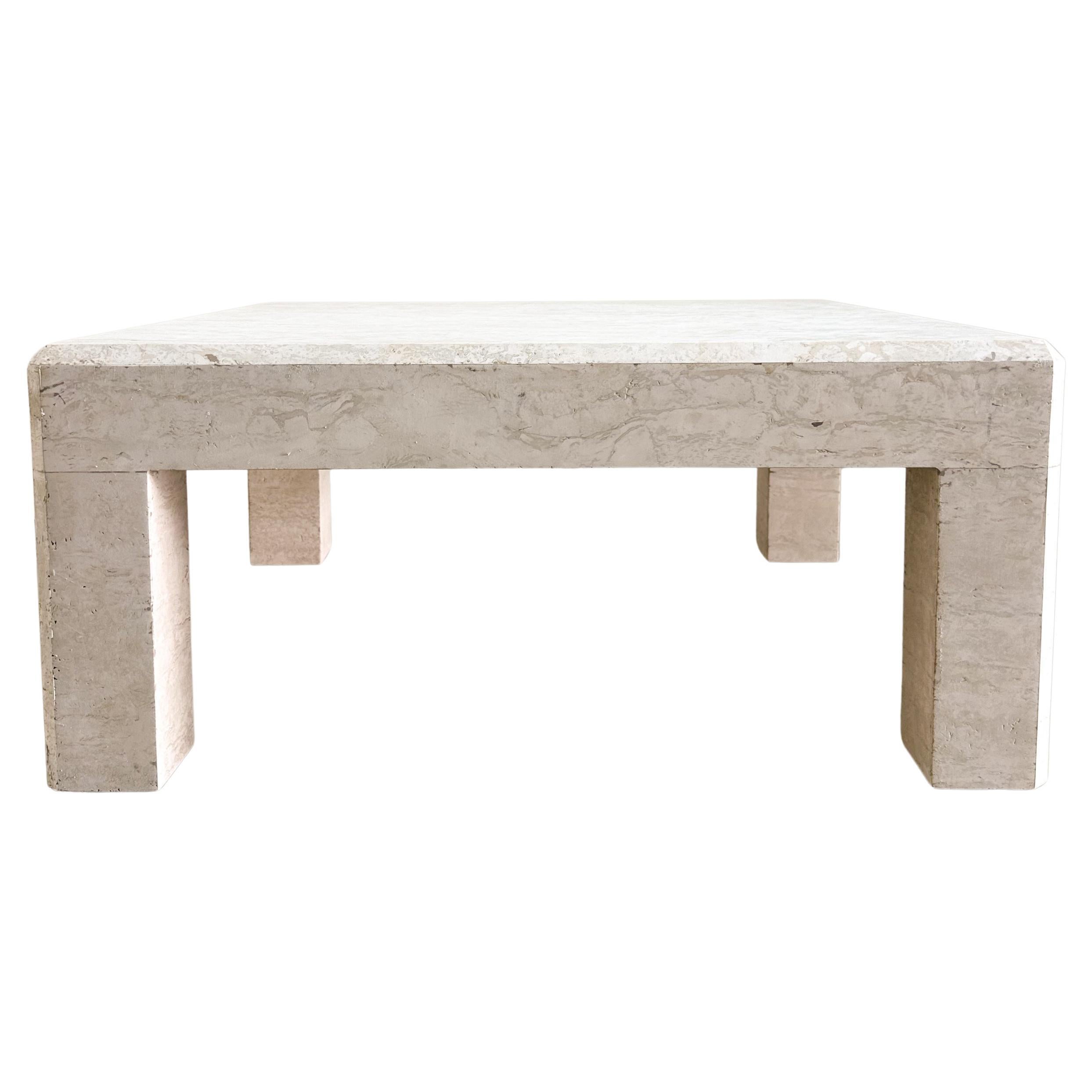 1980s Italian Postmodern Square Travertine Stone Parsons Coffee Table For Sale