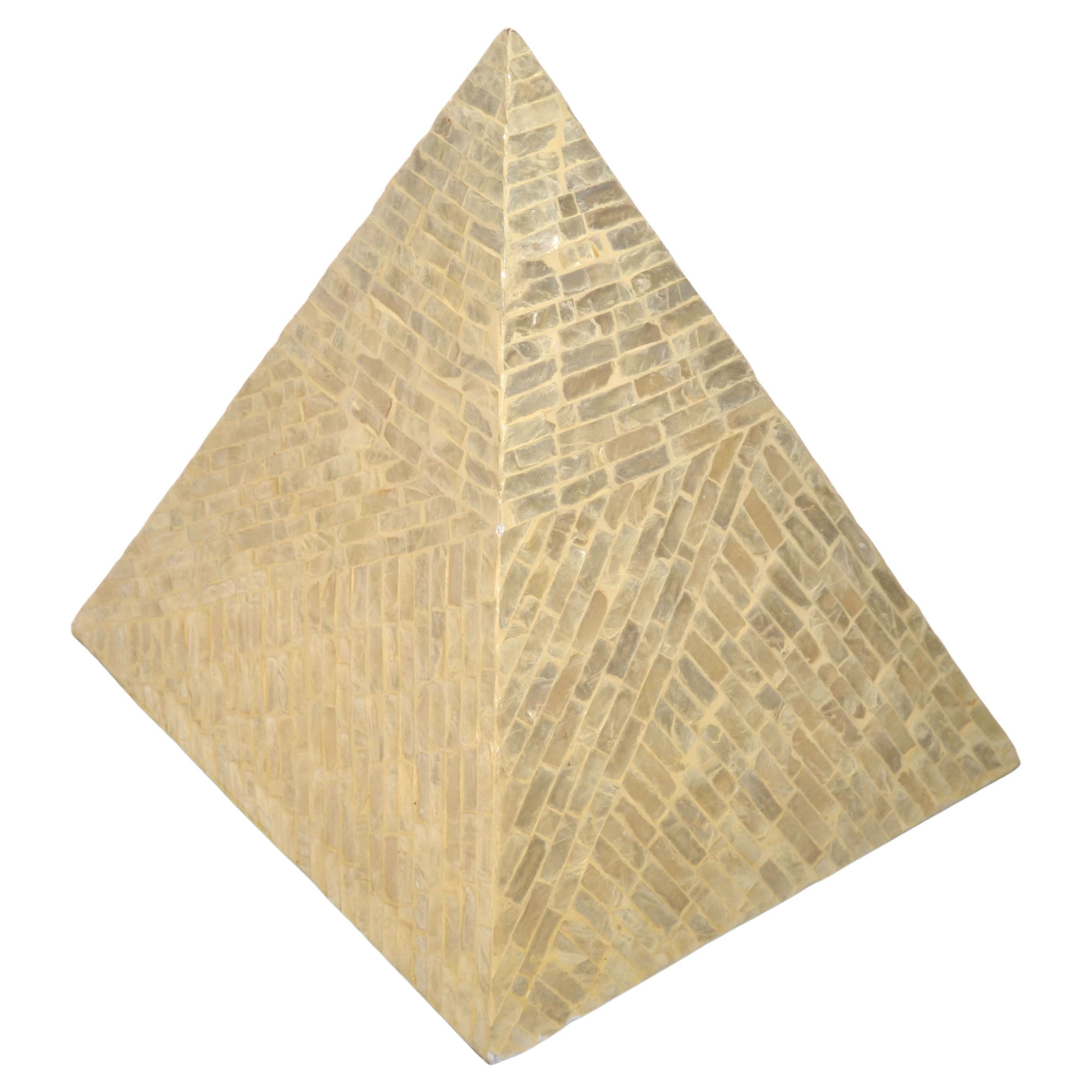 Arts And Crafts Periode Italian Pyramid made out of pieces polished Mother of Pearl shells over wood Sculpture.
Reflects the light in a warm and elegant shimmer.
Beautiful crafted with matricular craftsmanship. 
In good vintage condition with a