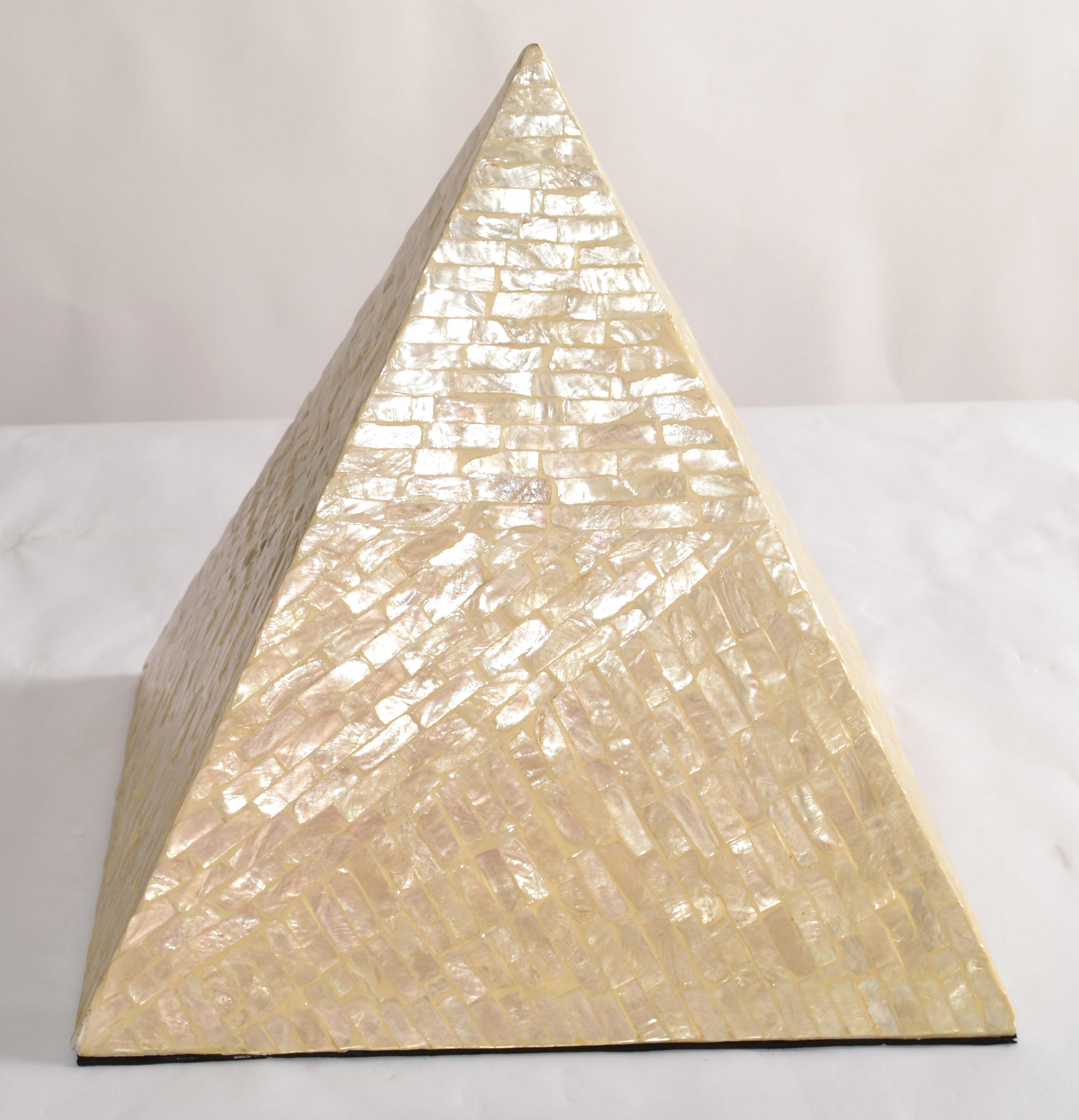 Arts and Crafts 1980s Italian Pyramid Mother Of Pearl Wood Sculpture Decorative Object Fine Art  For Sale