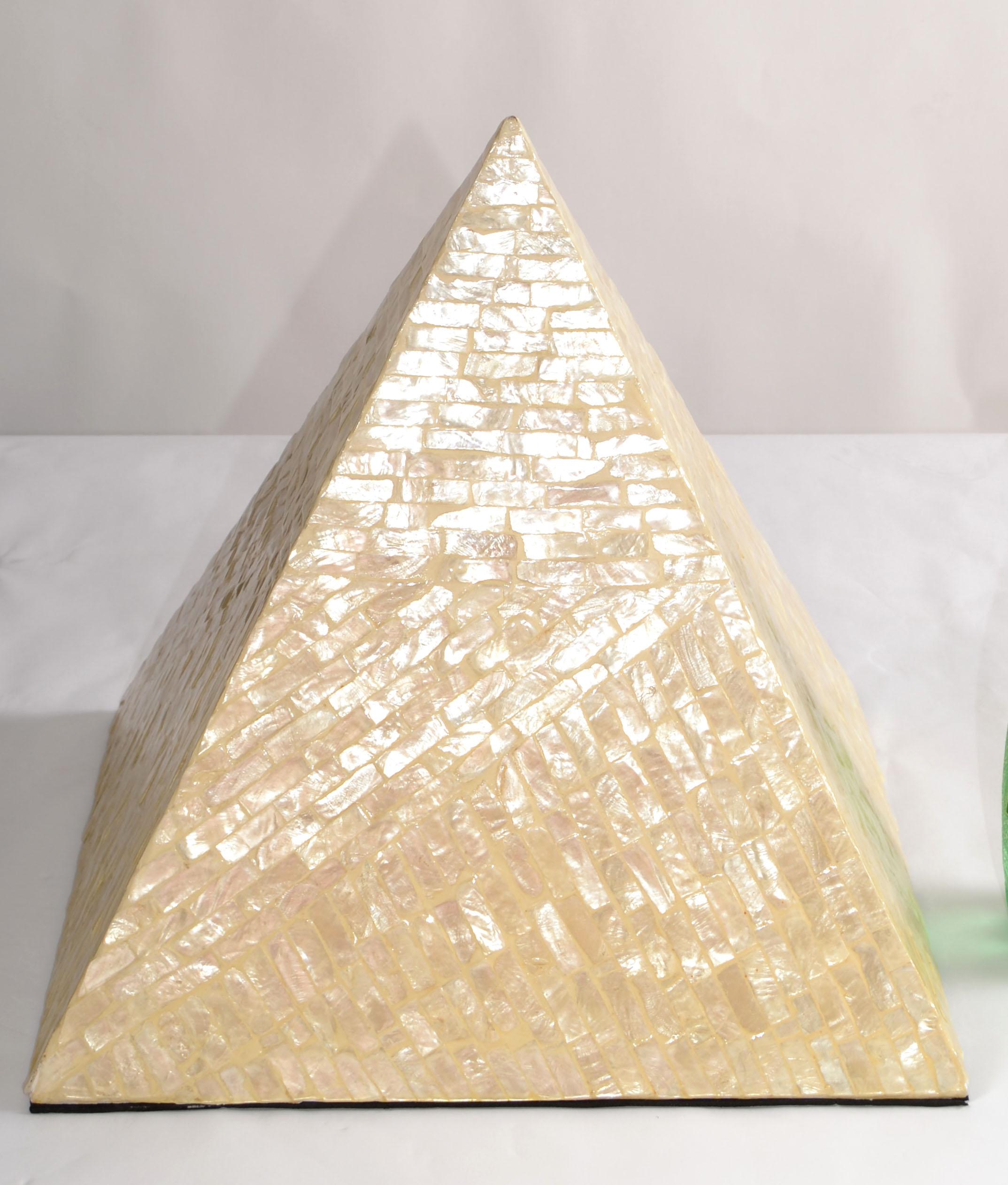 Hand-Crafted 1980s Italian Pyramid Mother Of Pearl Wood Sculpture Decorative Object Fine Art  For Sale