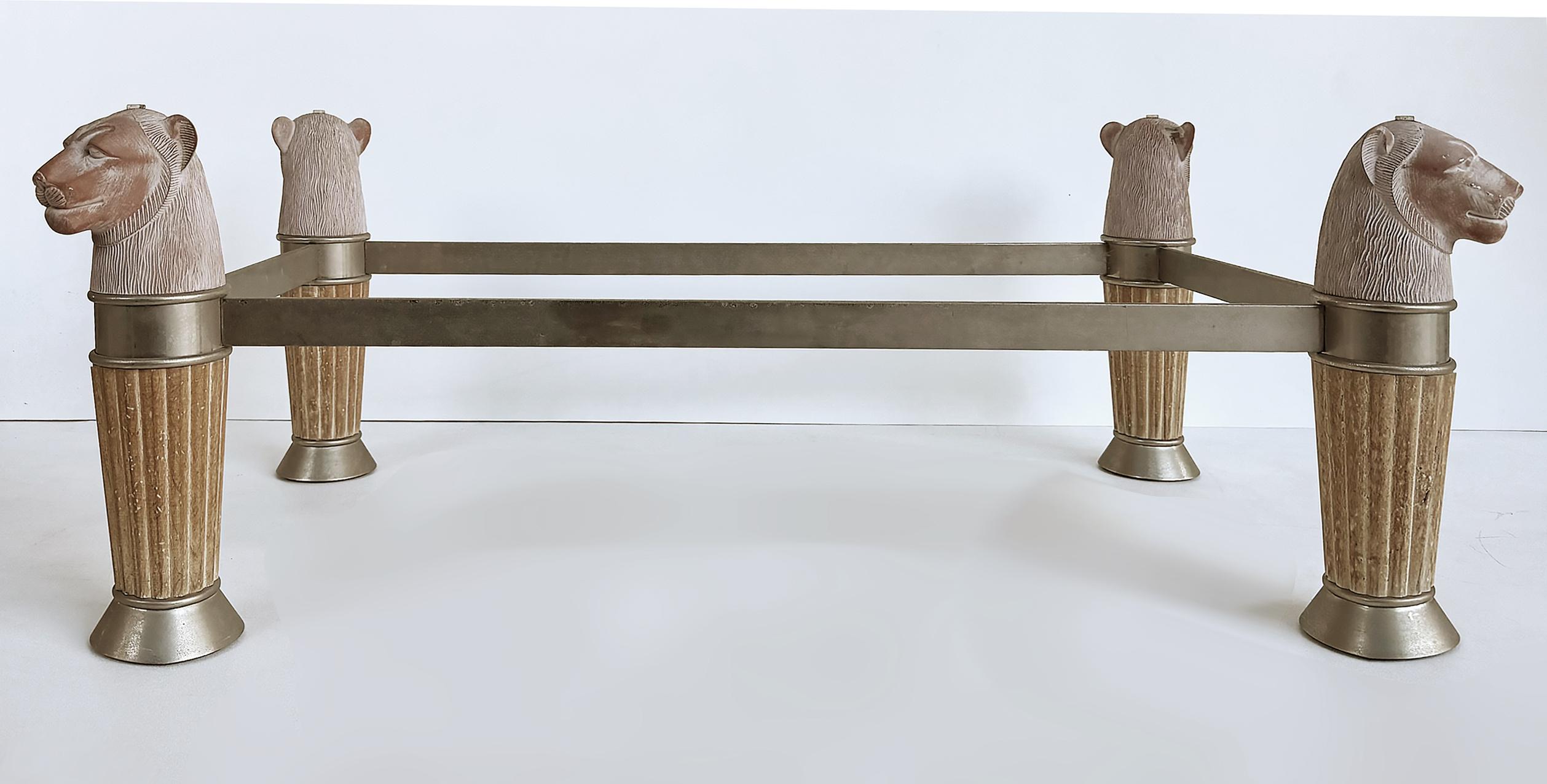 Métal 1980 Italian Regency Glass Top Panther Head Cocktail Table en vente