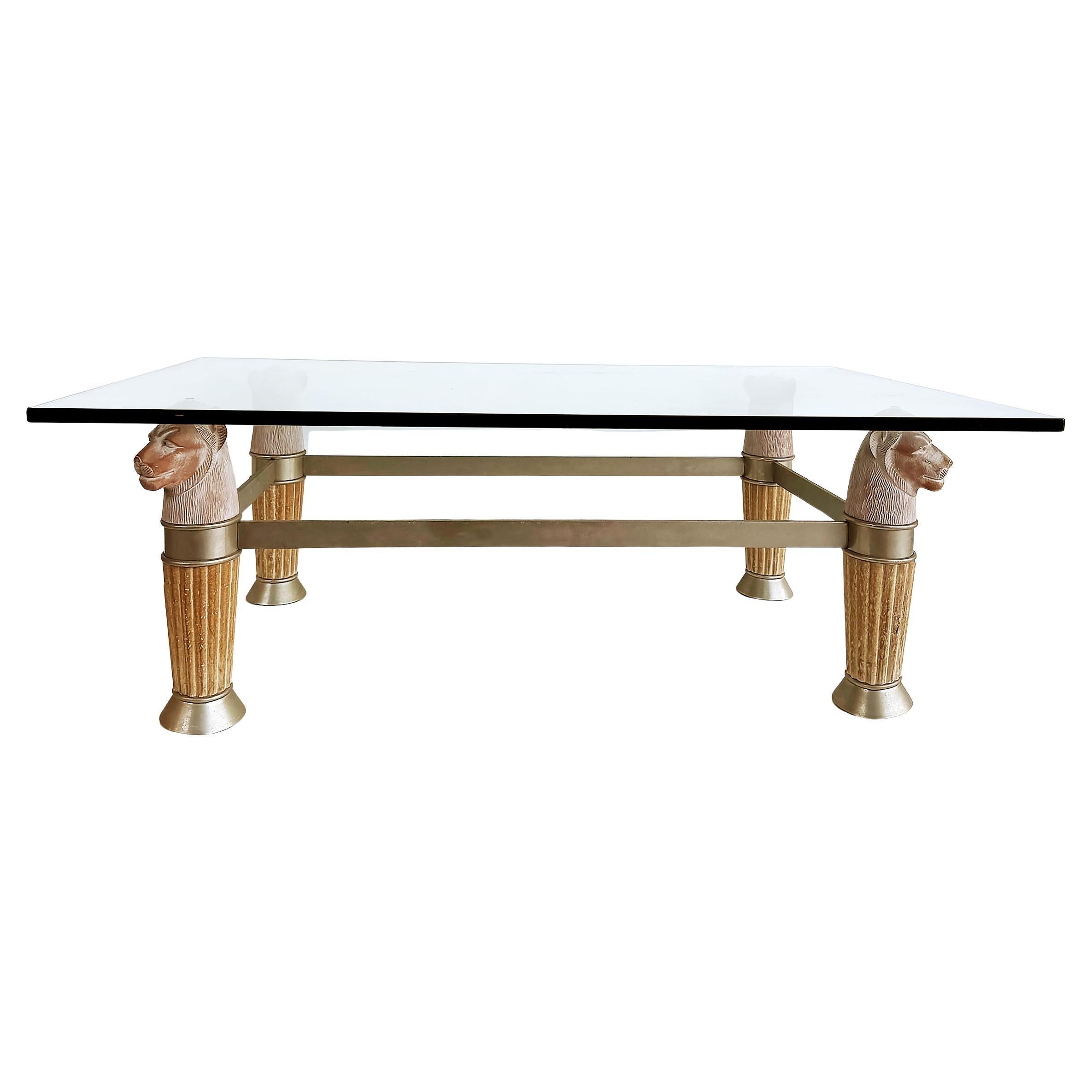 1980 Italian Regency Glass Top Panther Head Cocktail Table