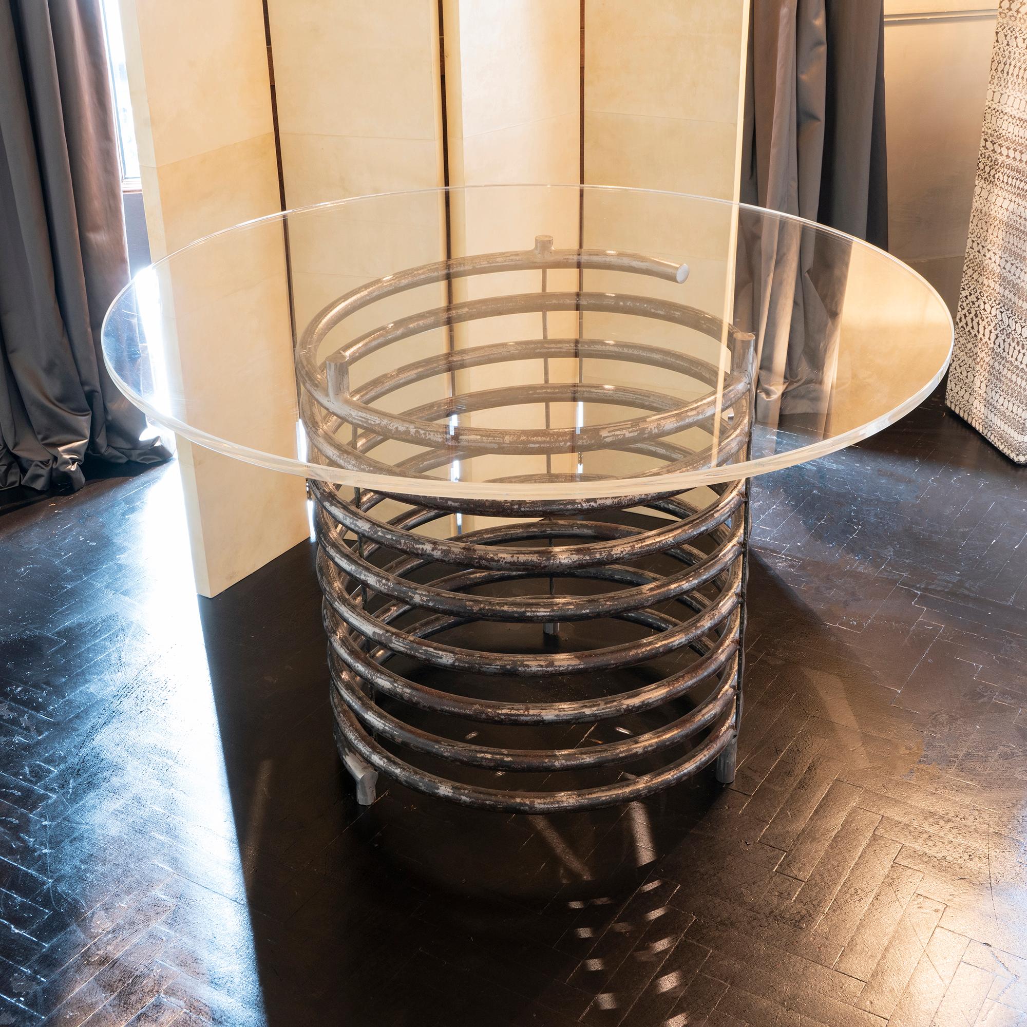 Industrial 1980's Italian Round Table Brut Steel Spiral Shape Base Clear Lucite Top  For Sale