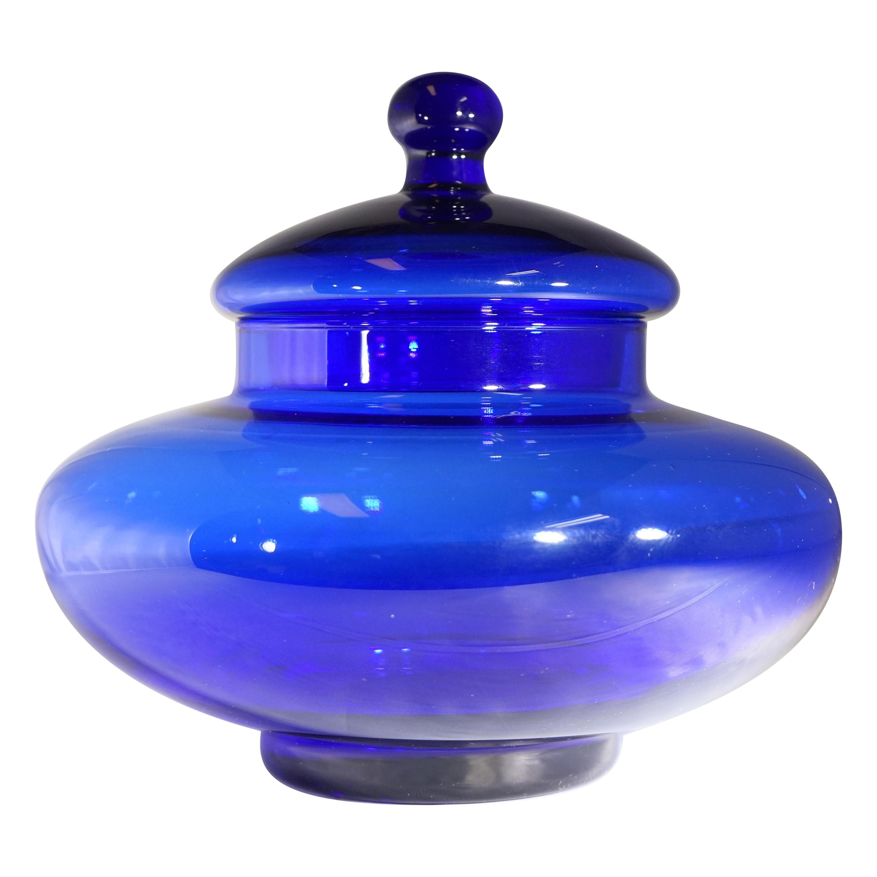 1980s Italian Royal Blue Murano Glass Short Large Jar with Lid