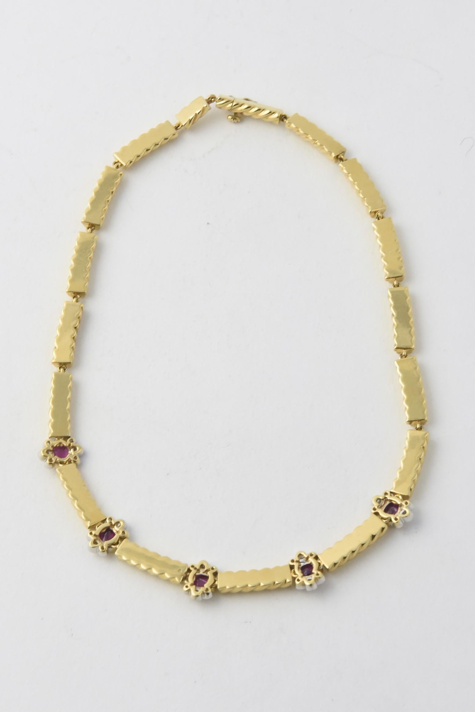 Women's 1980s Italian Ruby Diamond Gold Necklace