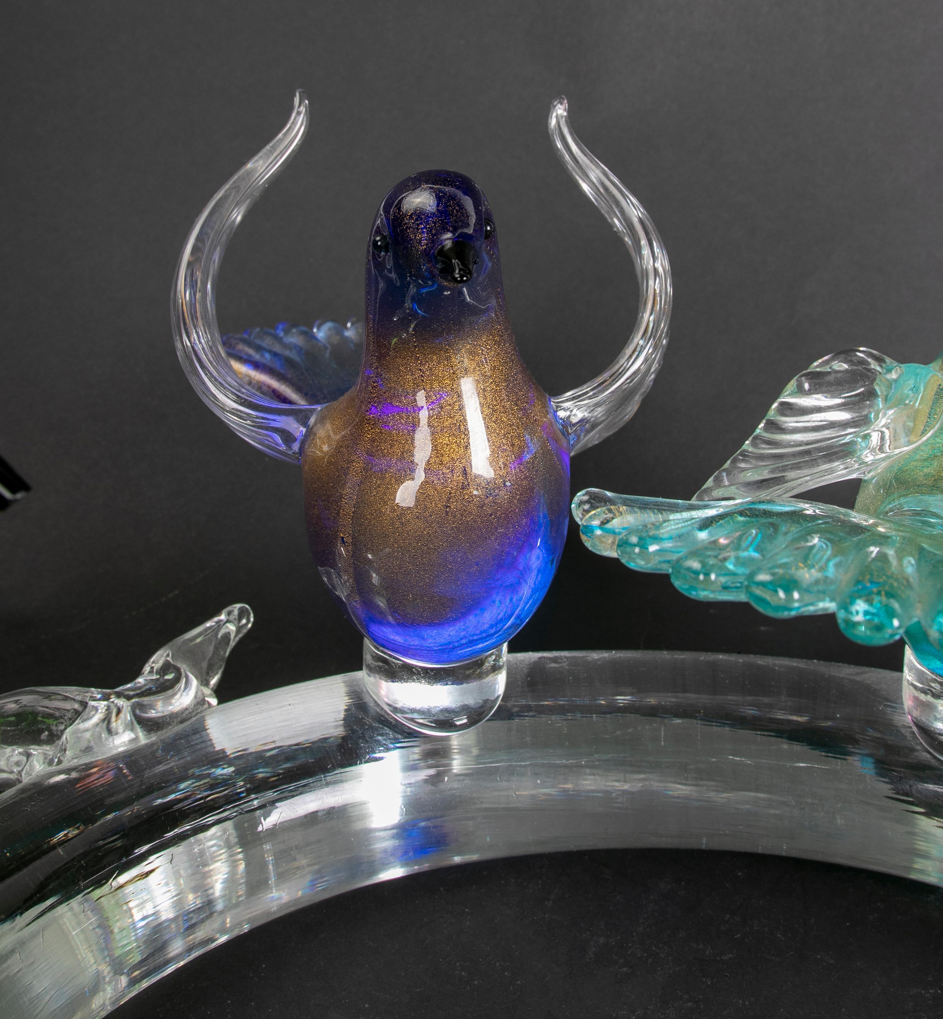 1980s Italian Sculpture of Four Birds on a Branch of Murano Glass For Sale 2