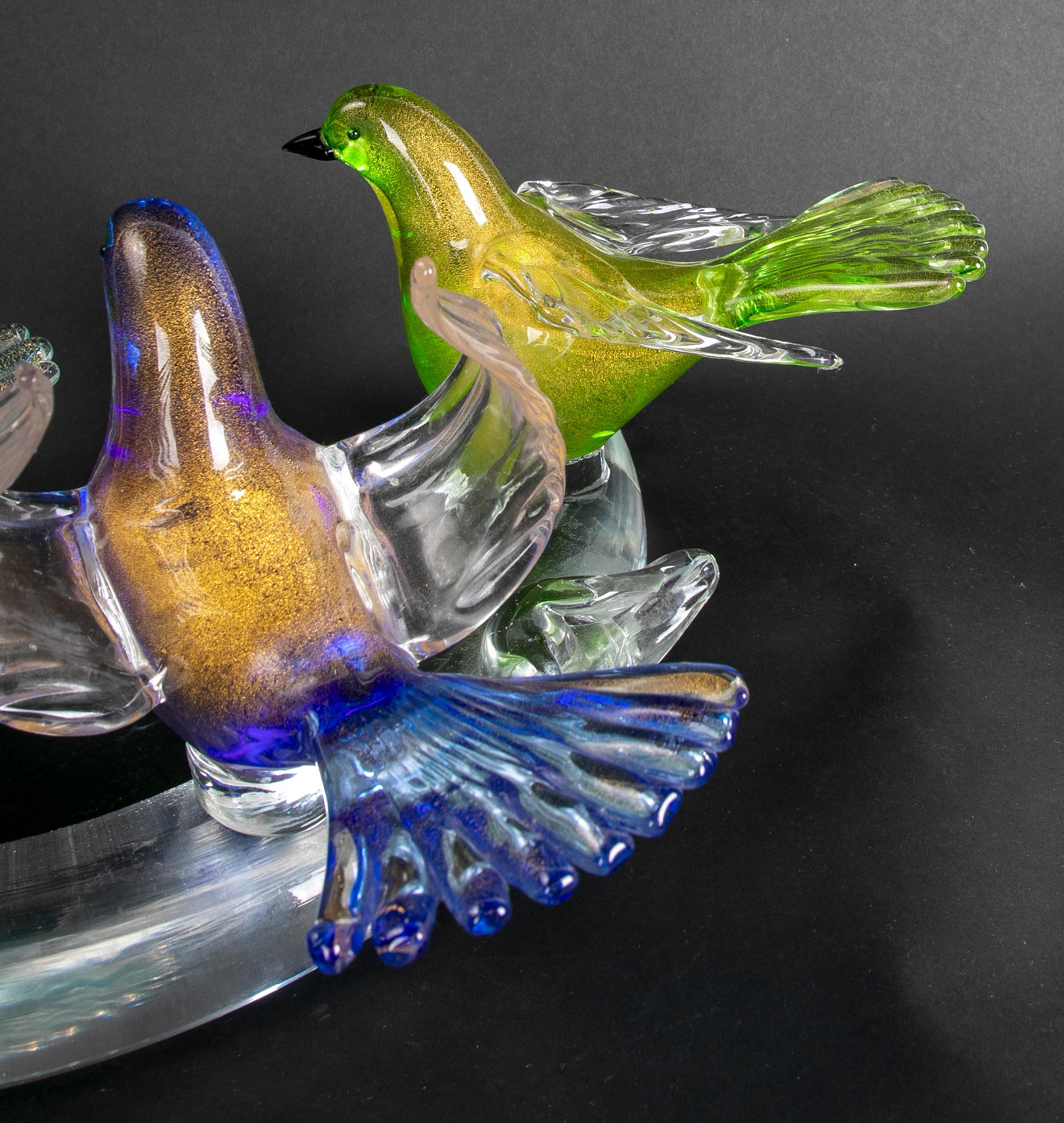 20th Century 1980s Italian Sculpture of Four Birds on a Branch of Murano Glass For Sale