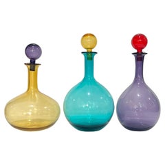 1980s Italian Set 3 Tall Bright Teal Amber Purple Murano Glass Modern Bottles
