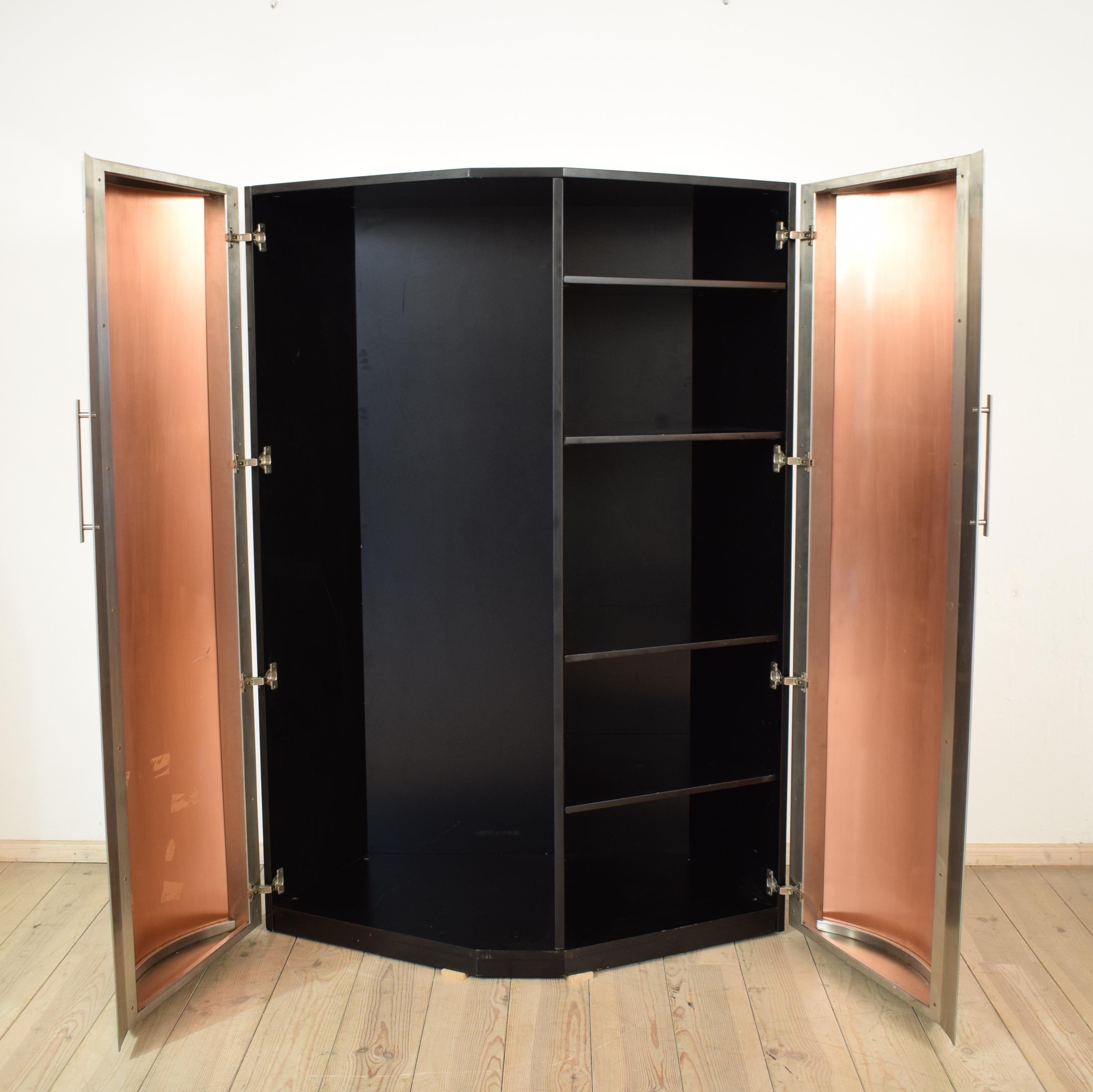 Late 20th Century 1980s Italian Space Age Memphis Corner Cabinet / Copper Doors and Black Corpus For Sale