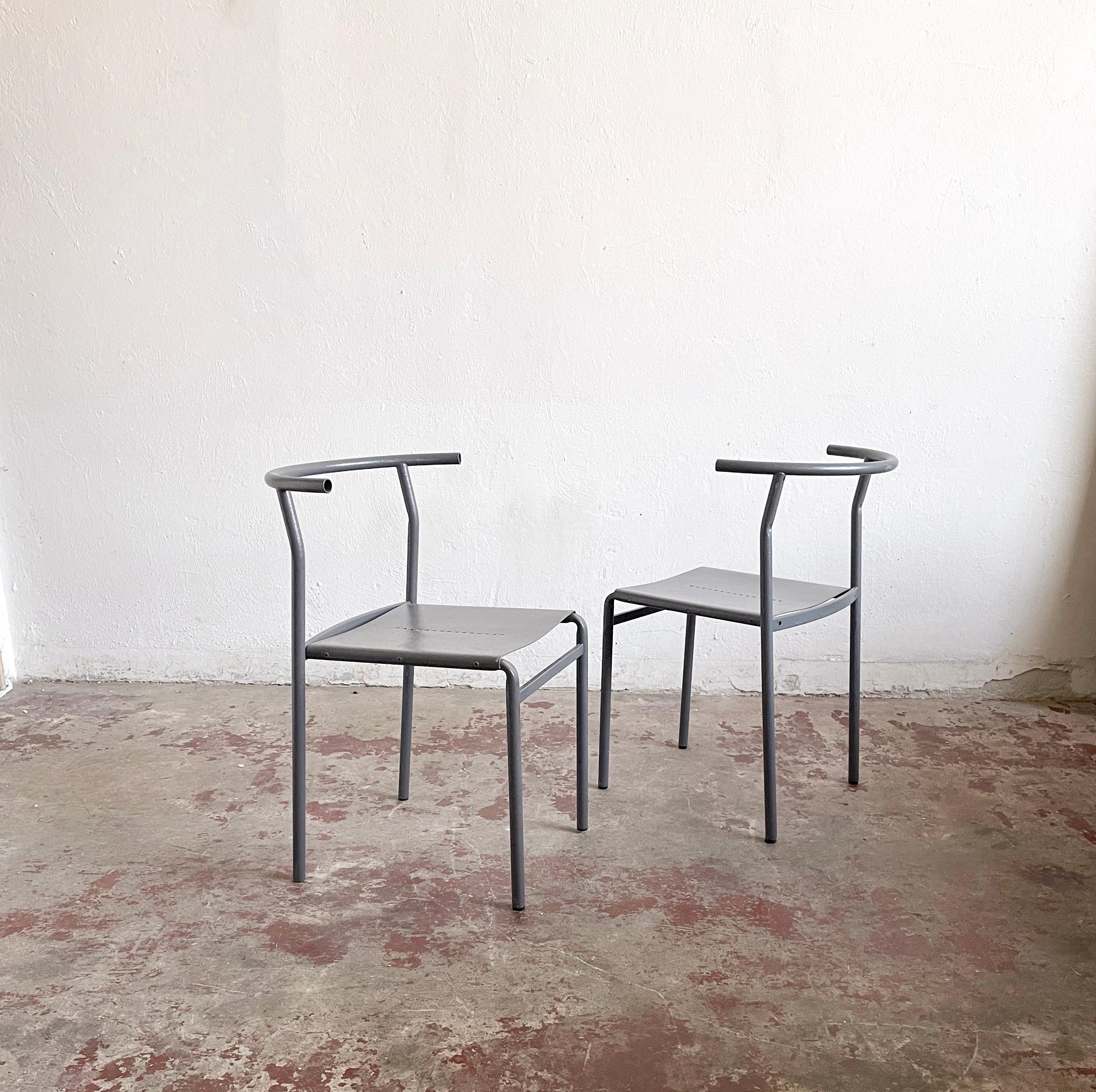 Minimalist post-modern sculptural cafè chair manufactured in Italy in the 1980s

Design attributed to French designer Philippe Starck (Chair designed for Cafè Costes Paris and manufactured by Italian company Baleri in the 1980s and the