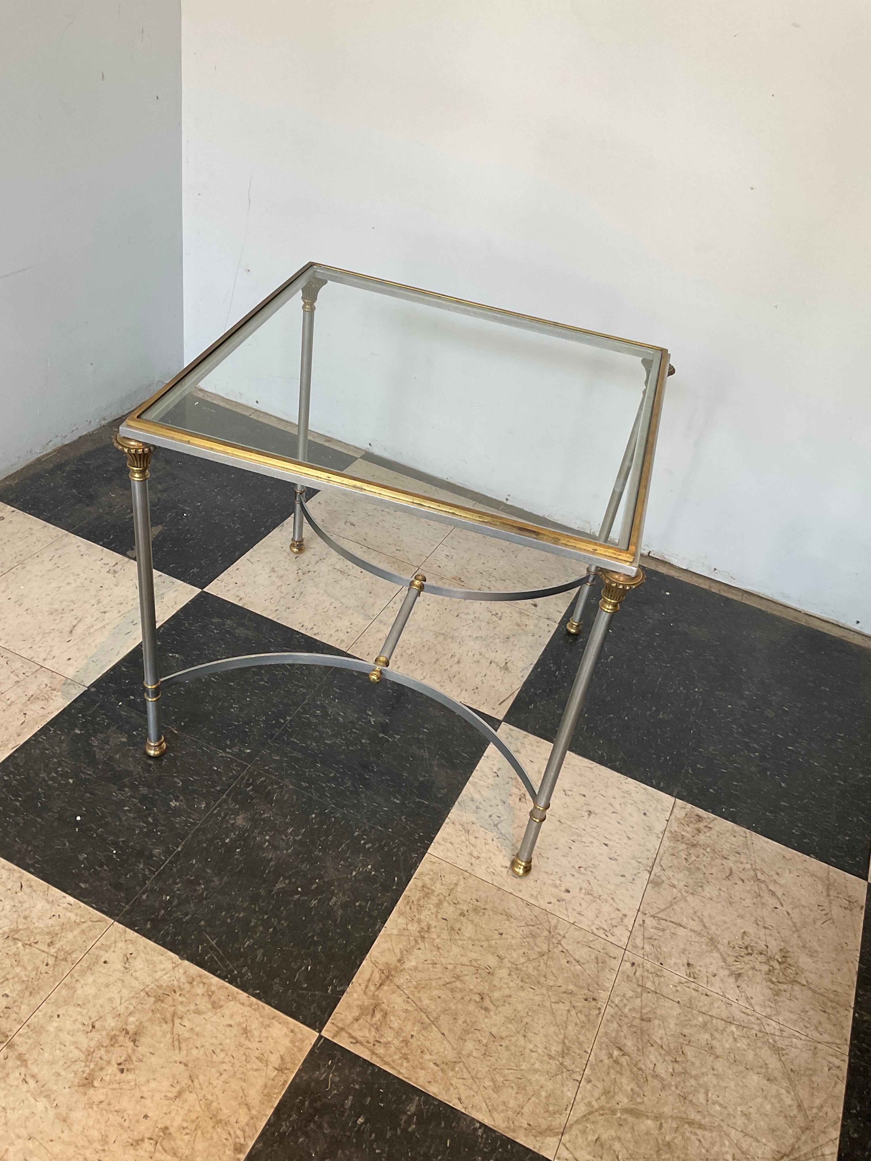 1980s Italian Maison Jansen style steel and brass side table.