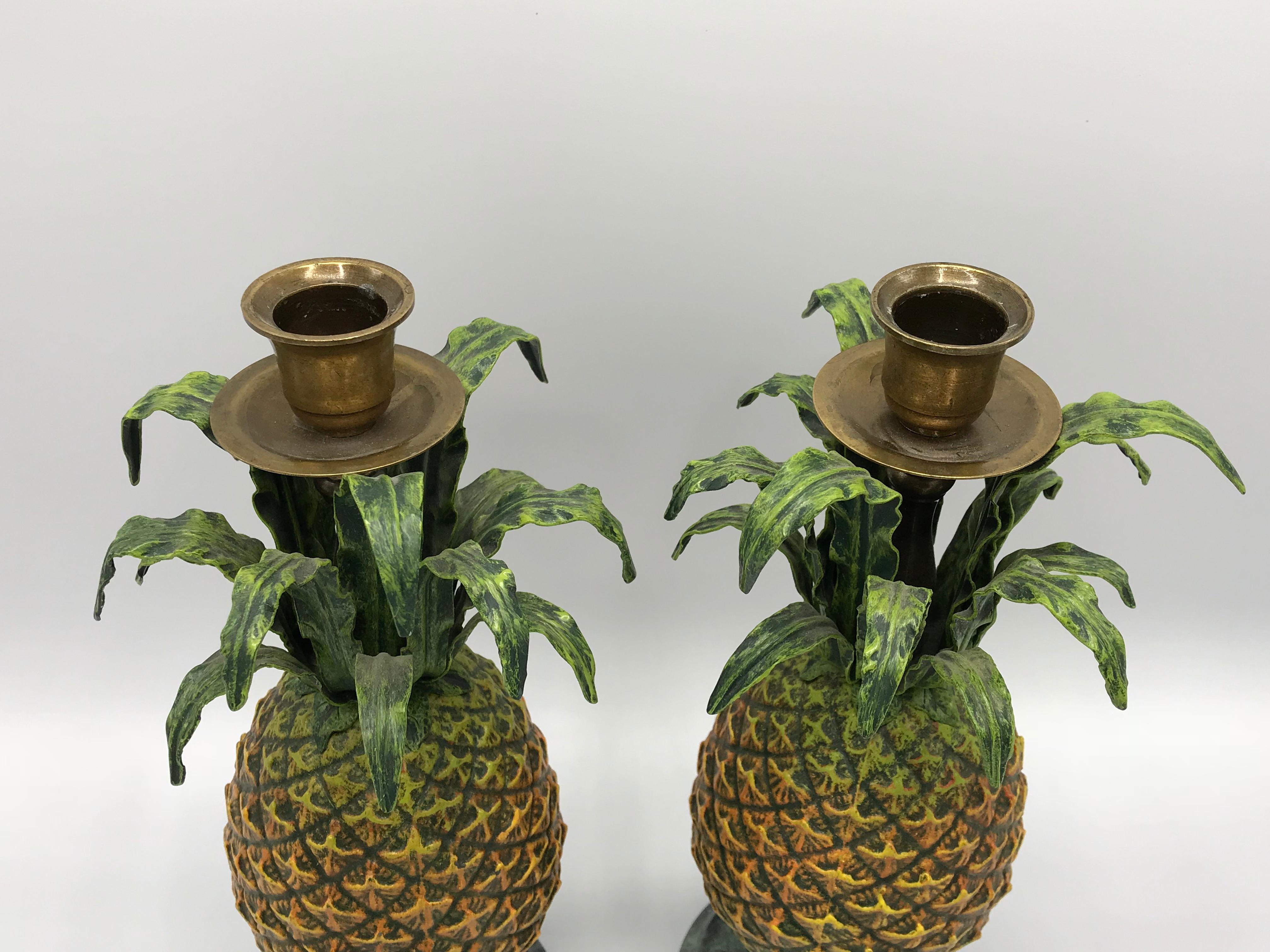 20th Century 1980s Italian Tole Pineapple Sculpture Candlesticks, Pair