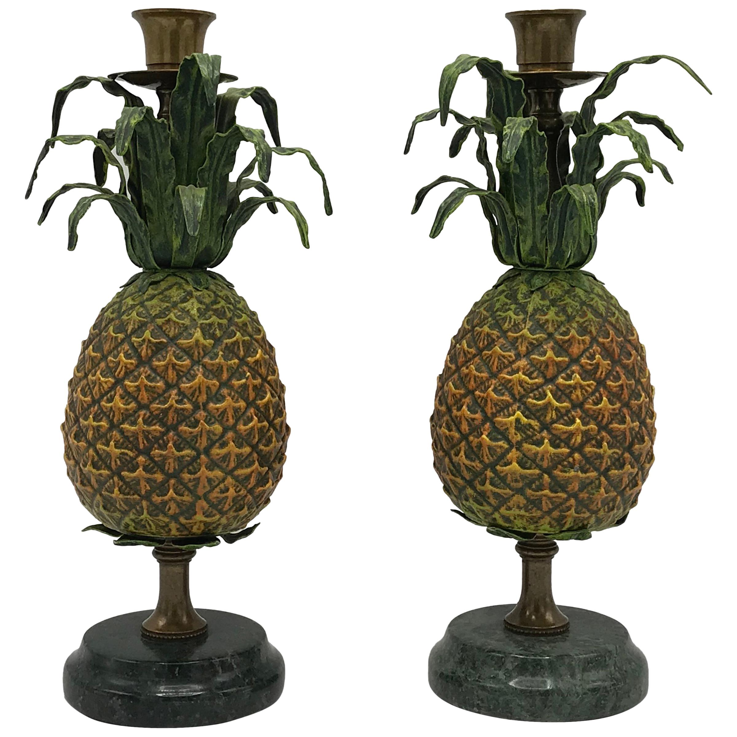 1980s Italian Tole Pineapple Sculpture Candlesticks, Pair