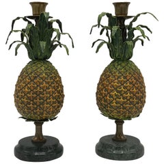 Vintage 1980s Italian Tole Pineapple Sculpture Candlesticks, Pair