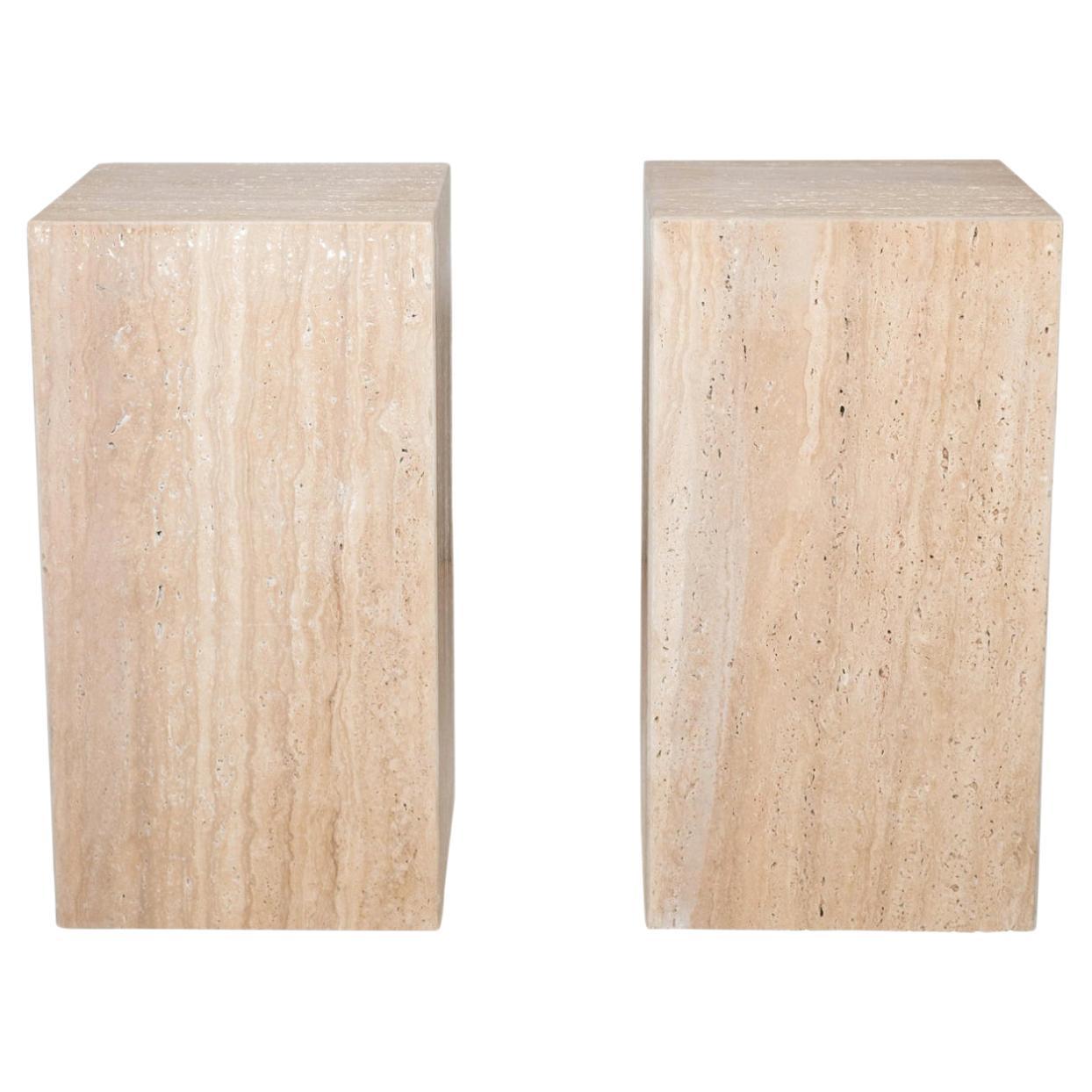 1980s Italian Travertine Tower Cube Side Tables - a Pair