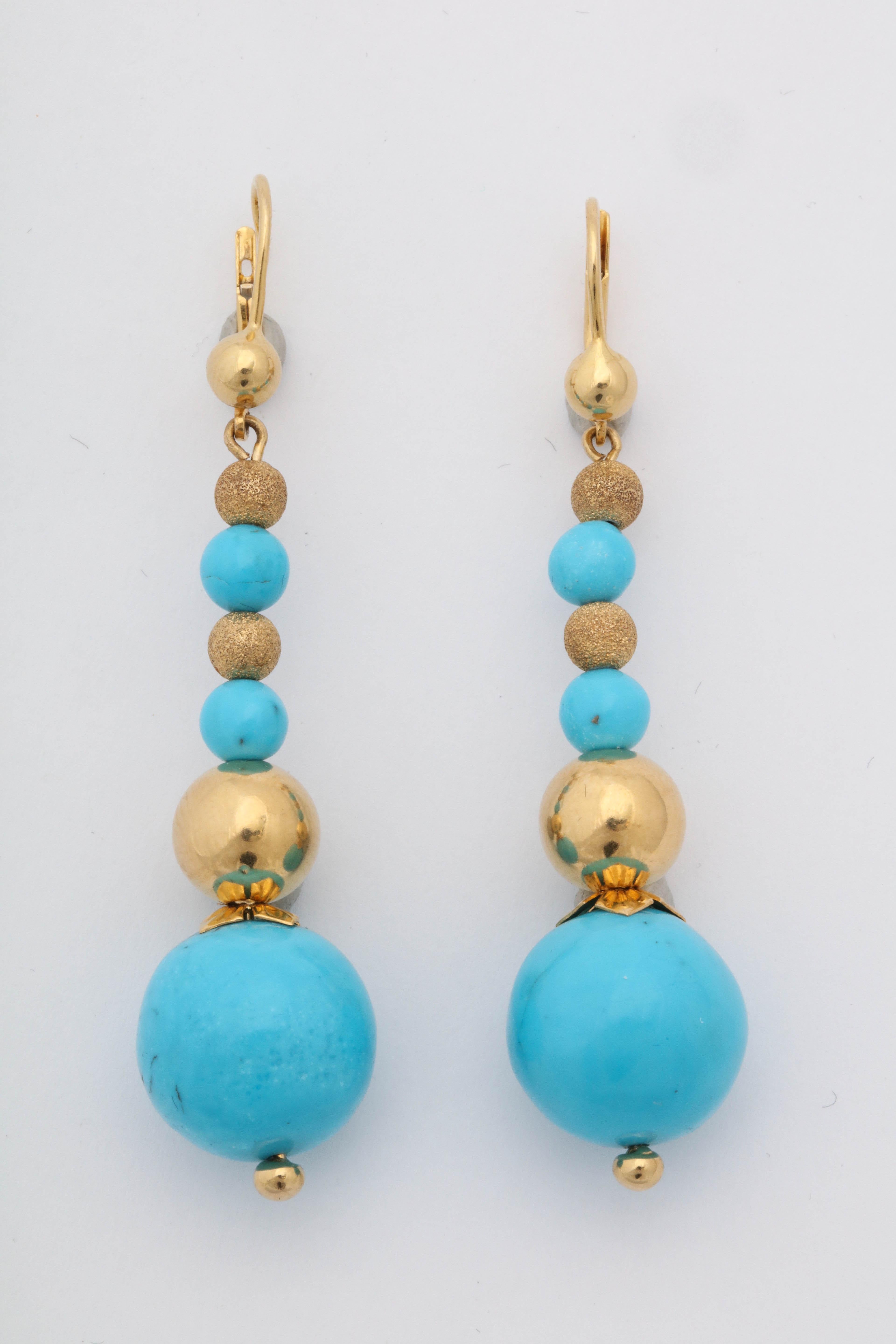 One Pair Of Ladies 14kt High Polish Gold And Goldstone Sparkly Gold Balls,Separated By Six Large Smooth Turquoise Balls.Created In Italy In The 1980's.
