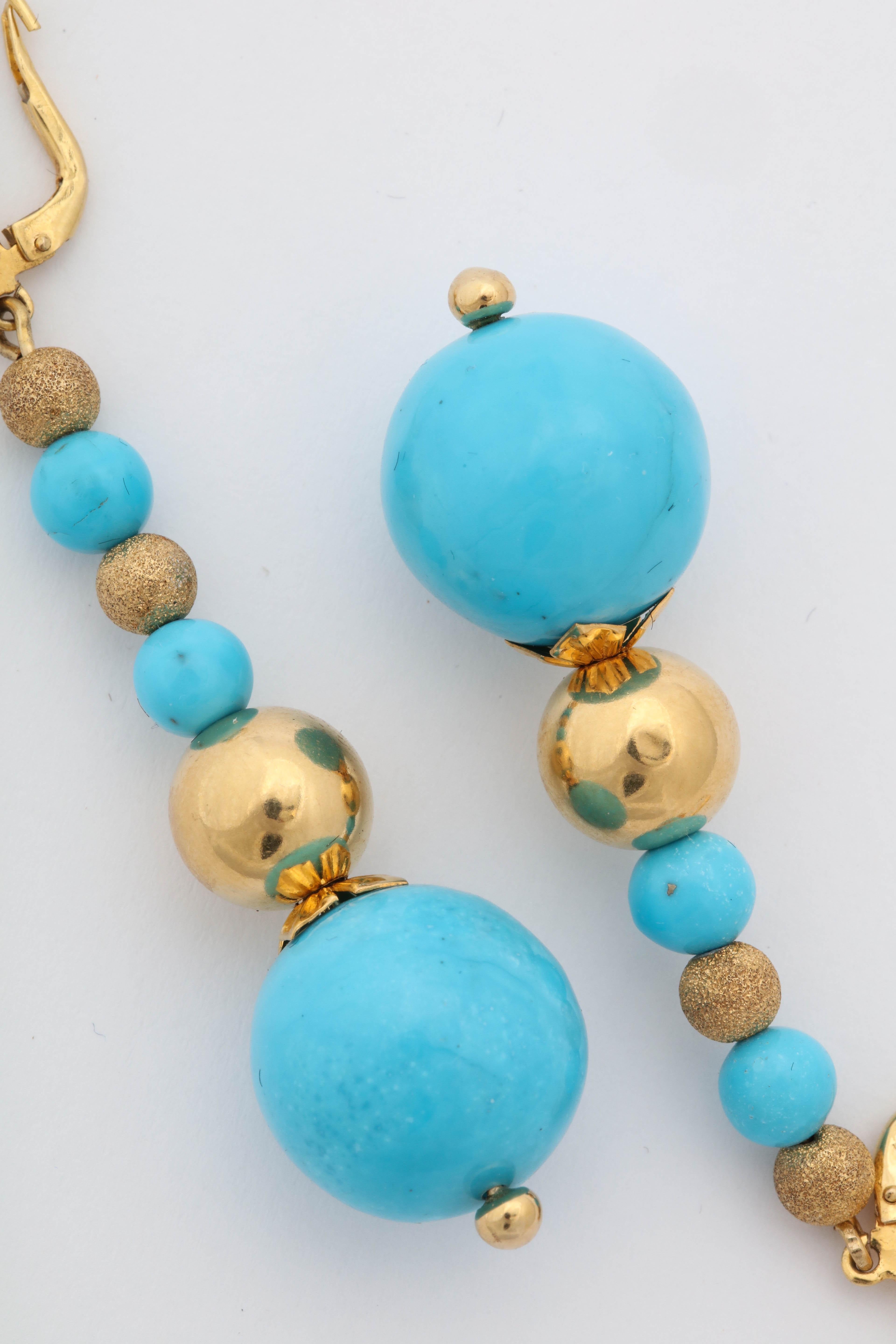 Bead 1980s Italian Turquoise Ball with Sparkly and High Polish Ball Earrings For Sale