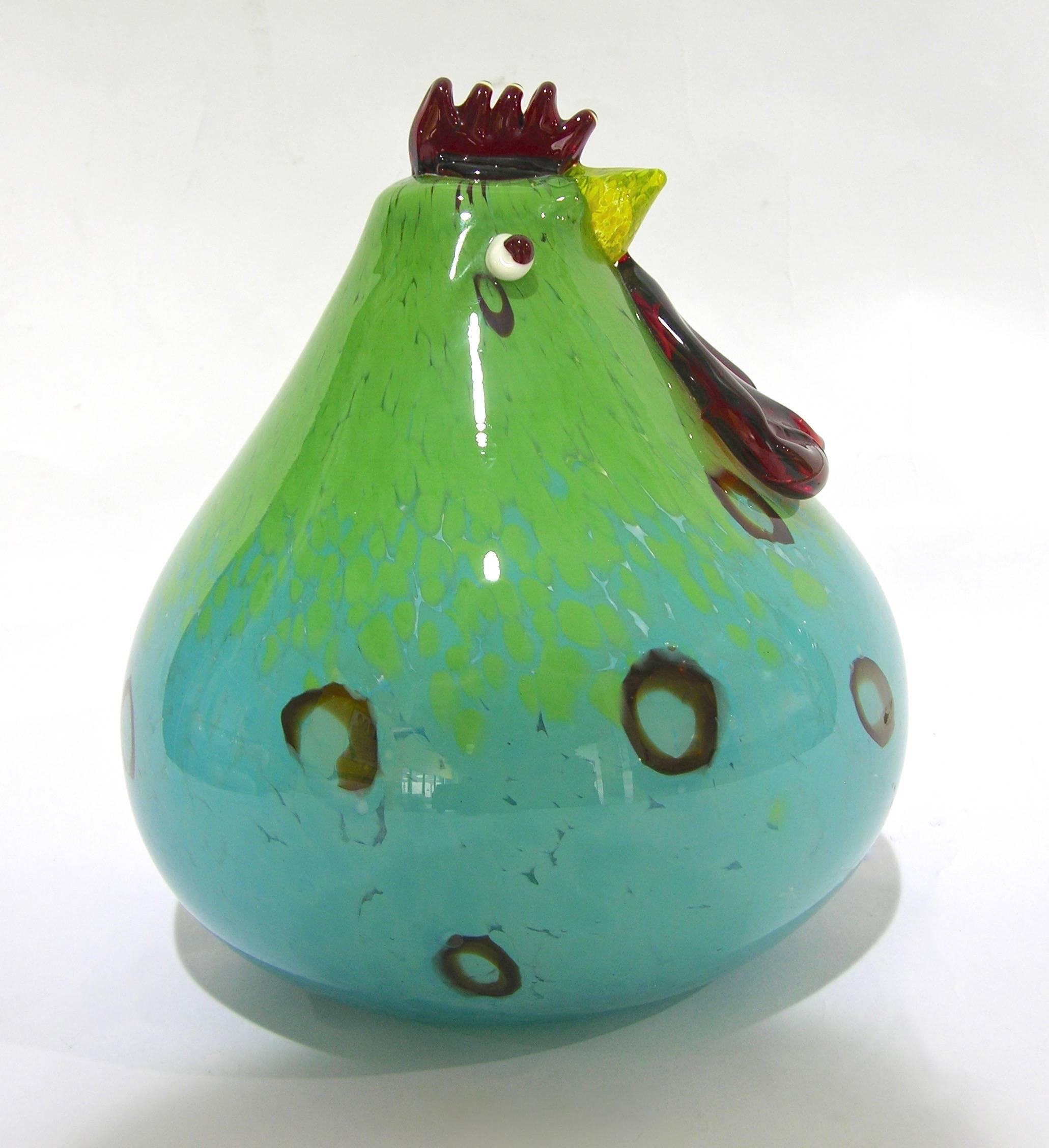 1980s Italian Turquoise Blue and Green Murano Glass Round Rooster Sculpture In Good Condition For Sale In New York, NY