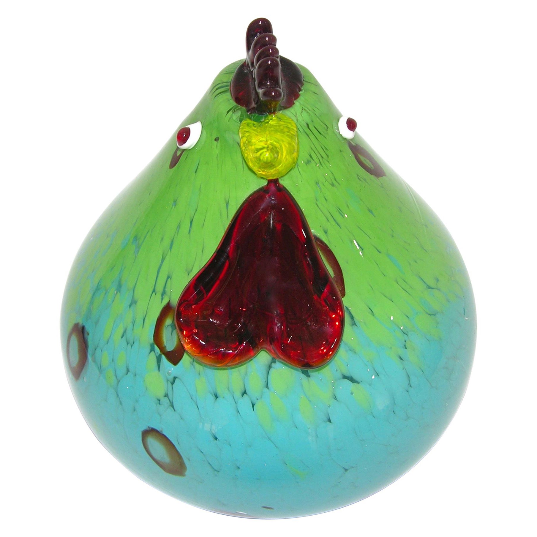 1980s Italian Turquoise Blue and Green Murano Glass Round Rooster Sculpture