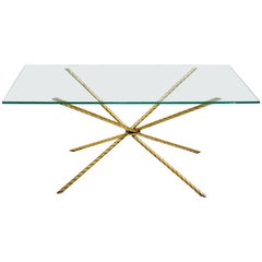 1980s Italian Twisted Rope Gold Brass and Glass Rectangular Coffee or Sofa Table