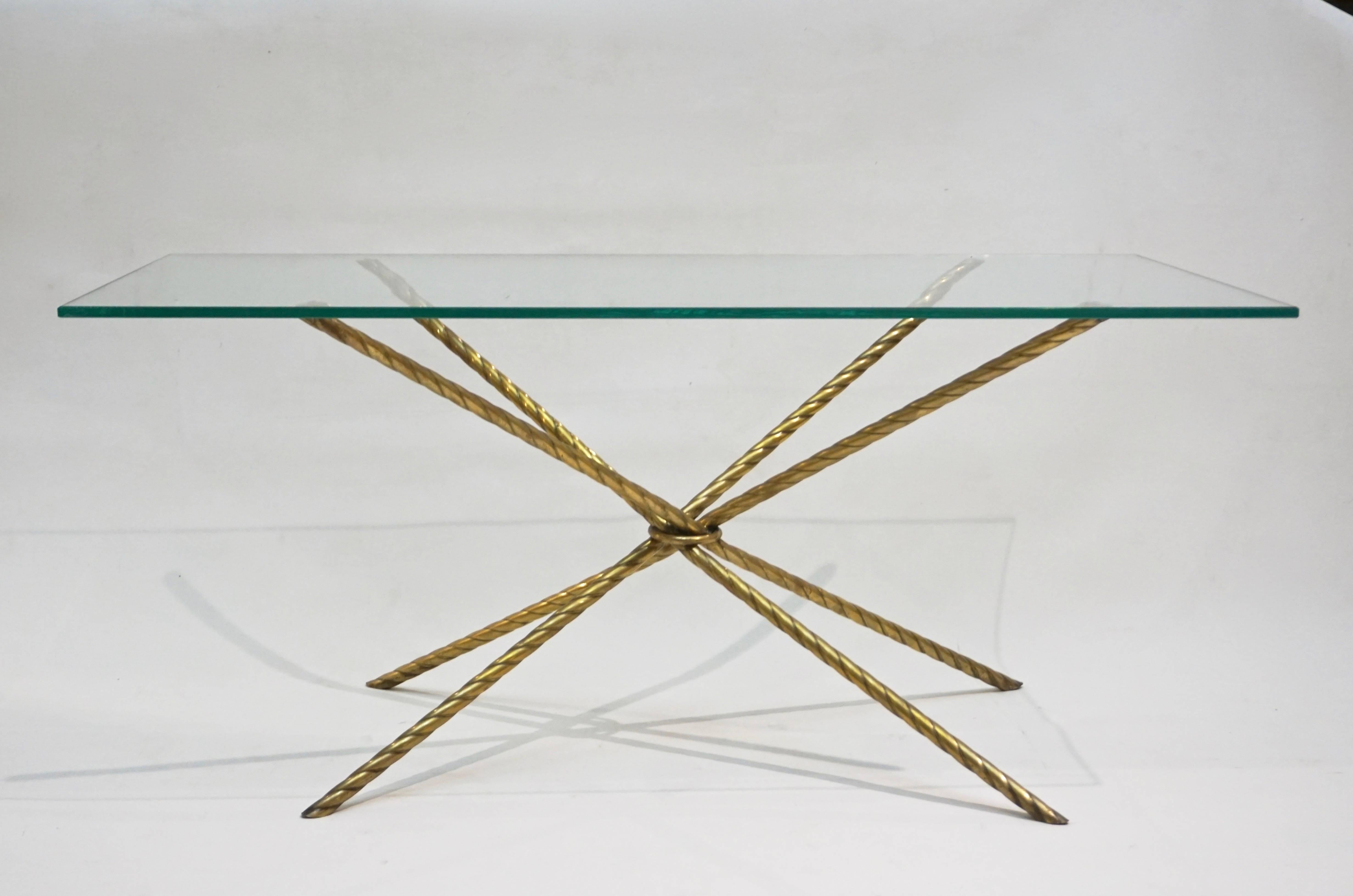 1980s Italian Twisted Rope Gold Brass and Glass Rectangular Coffee or Sofa Table 1