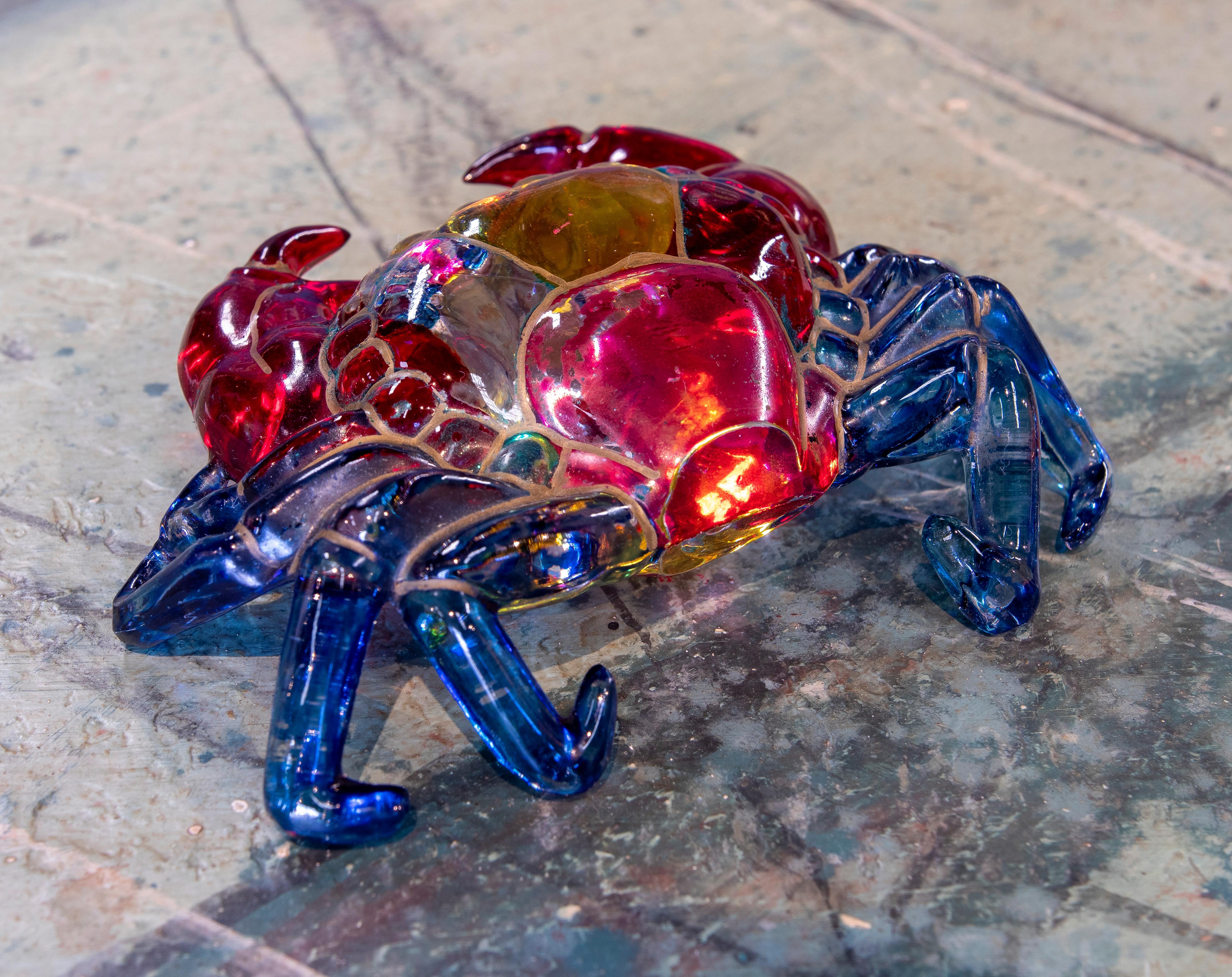 Vintage 1980s Italian Venetian Murano coloured glass crab figure sculpture.