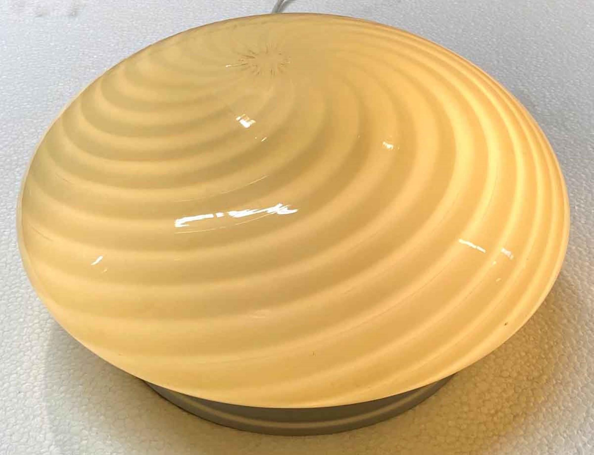 1980s hand blown Mid-Century Modern round glass fixture by Vetri Murano. This light requires two bulbs, 60 watts max. Cleaned and rewired. Small quantity available at time of posting. Priced each. Please inquire. Please note, this item is located in