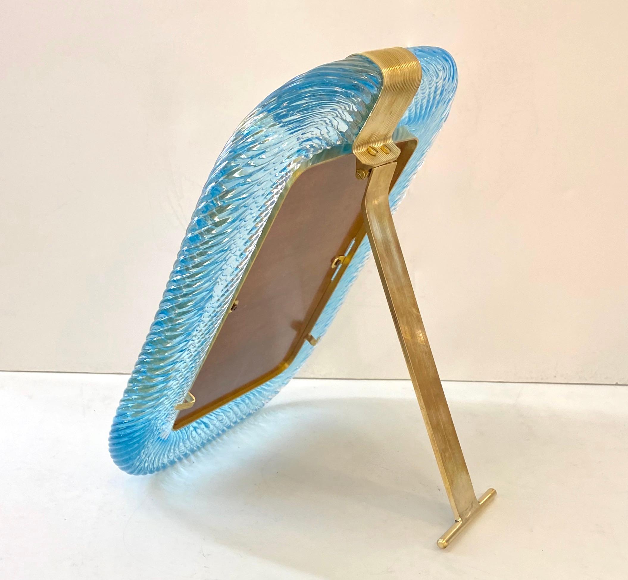 1980s Italian Vintage Aquamarine Blue Twisted Murano Glass & Brass Picture Frame In Excellent Condition In New York, NY