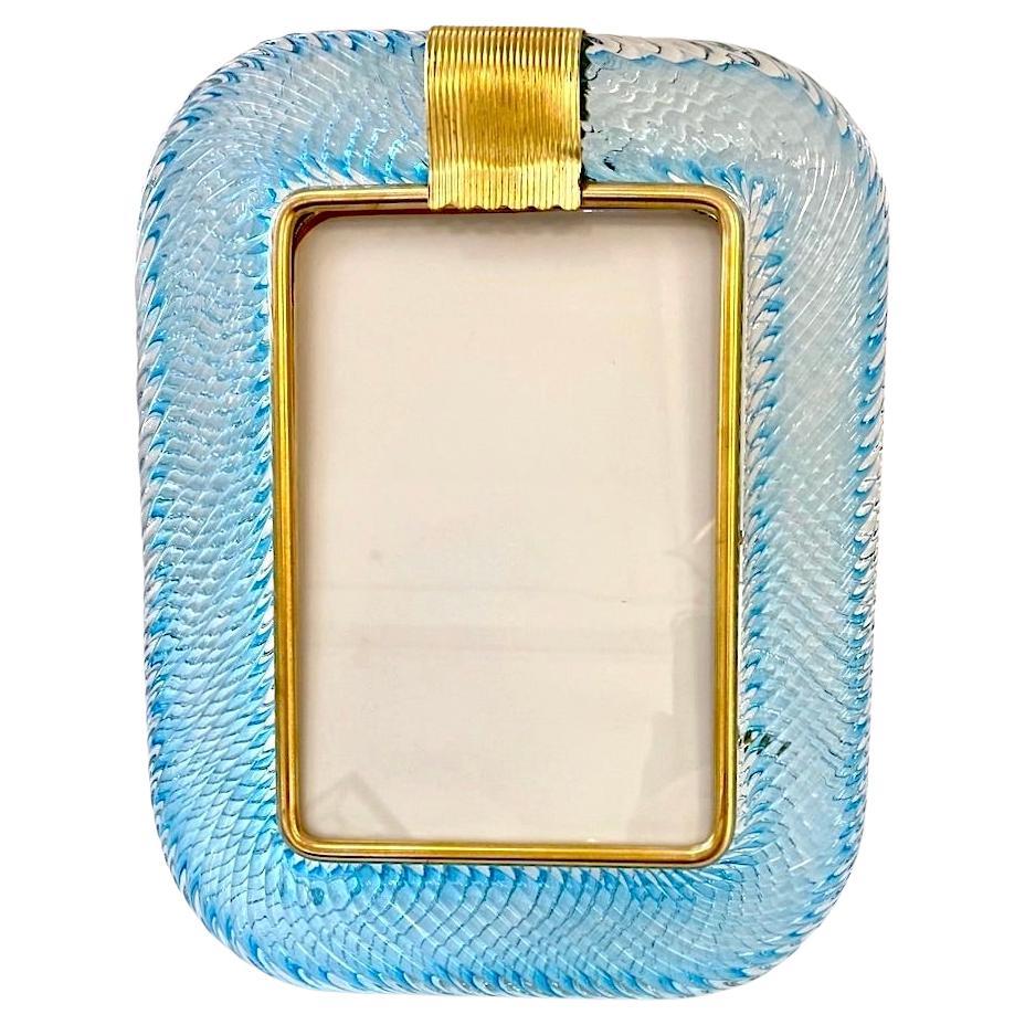 1980s Italian Vintage Aquamarine Blue Twisted Murano Glass & Brass Picture Frame 2