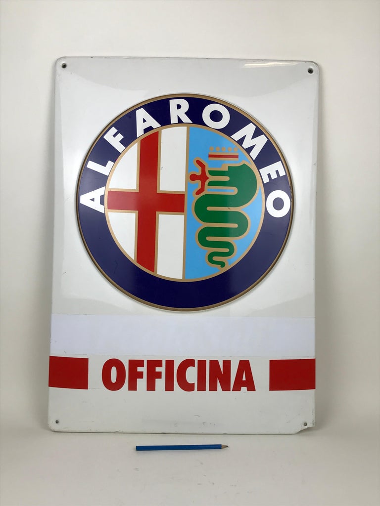 Vintage rectangular screen printed plastic Alfa Romeo Officina sign produced in Italy in the 1980s.

Alfa Romeo Logo and world 
