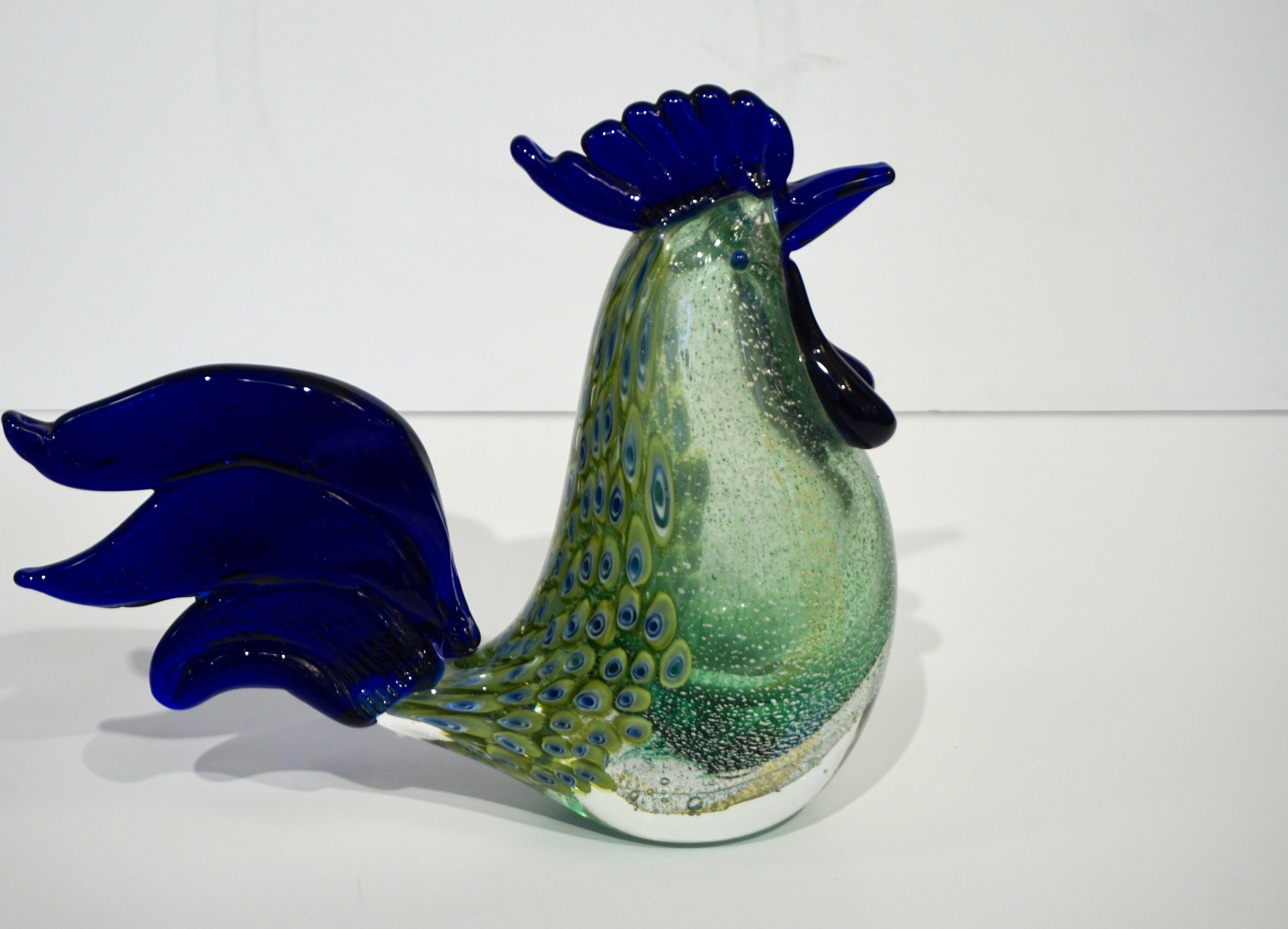 1980s Italian Vintage Silver Navy Blue Green Murano Art Glass Hen Bird Sculpture 4
