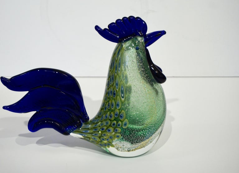 1980s Italian Vintage Silver Navy Blue Green Murano Art Glass Hen Bird Sculpture For Sale 5