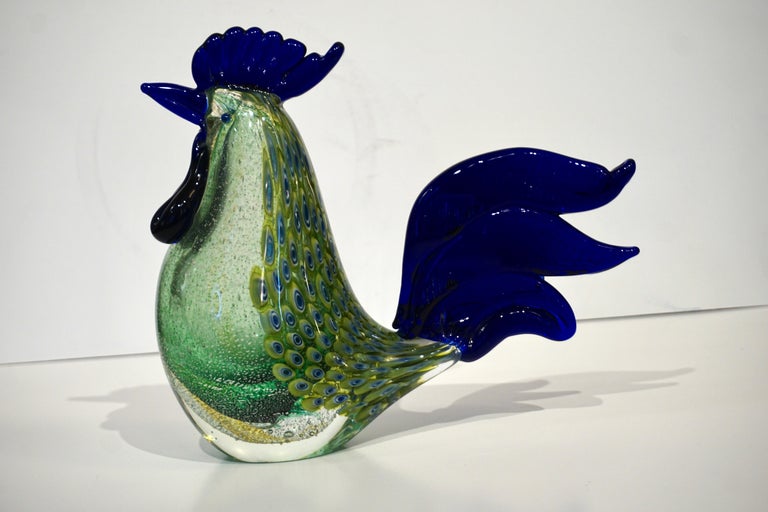 1980s Italian Vintage Silver Navy Blue Green Murano Art Glass Hen Bird Sculpture For Sale 6