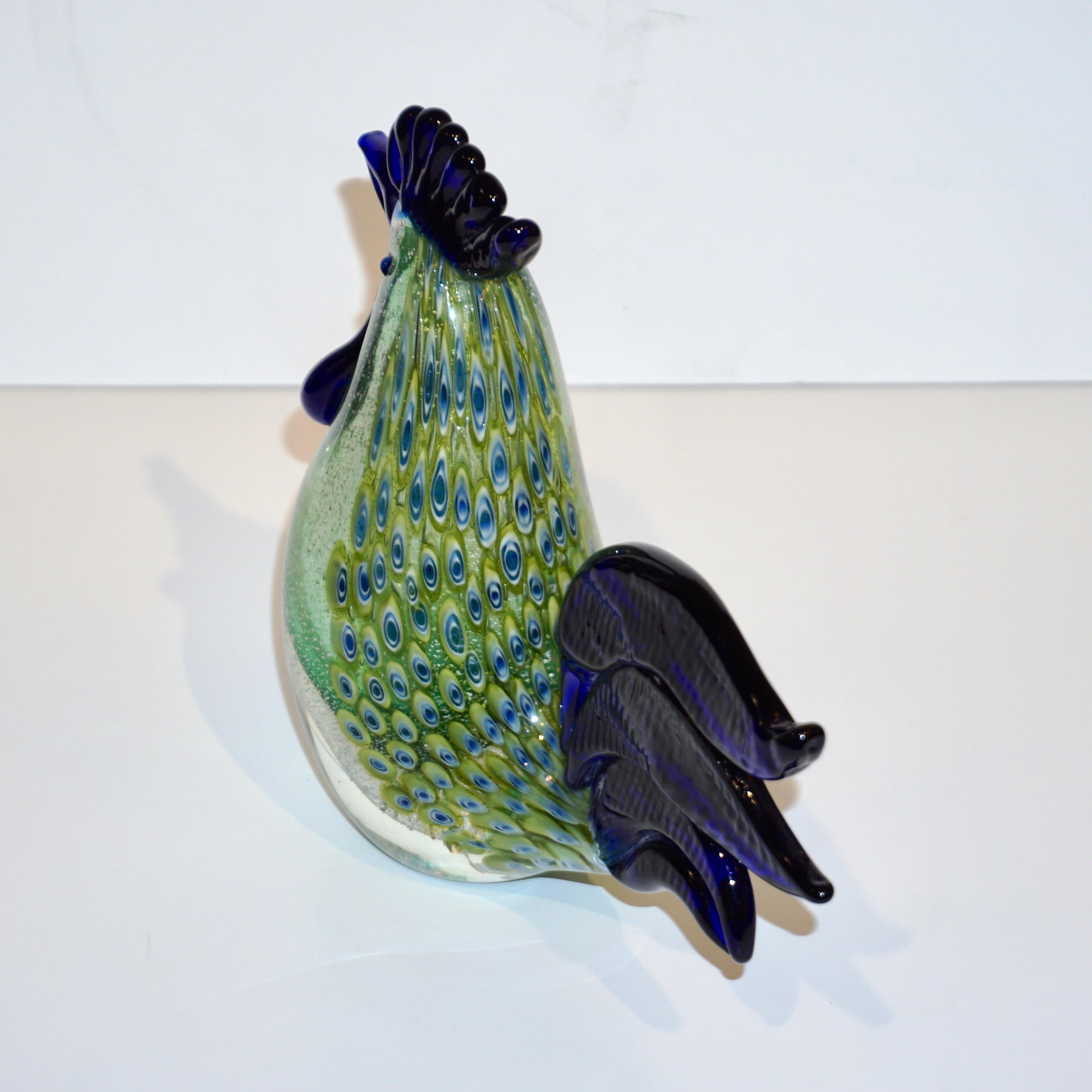 Organic Modern 1980s Italian Vintage Silver Navy Blue Green Murano Art Glass Hen Bird Sculpture