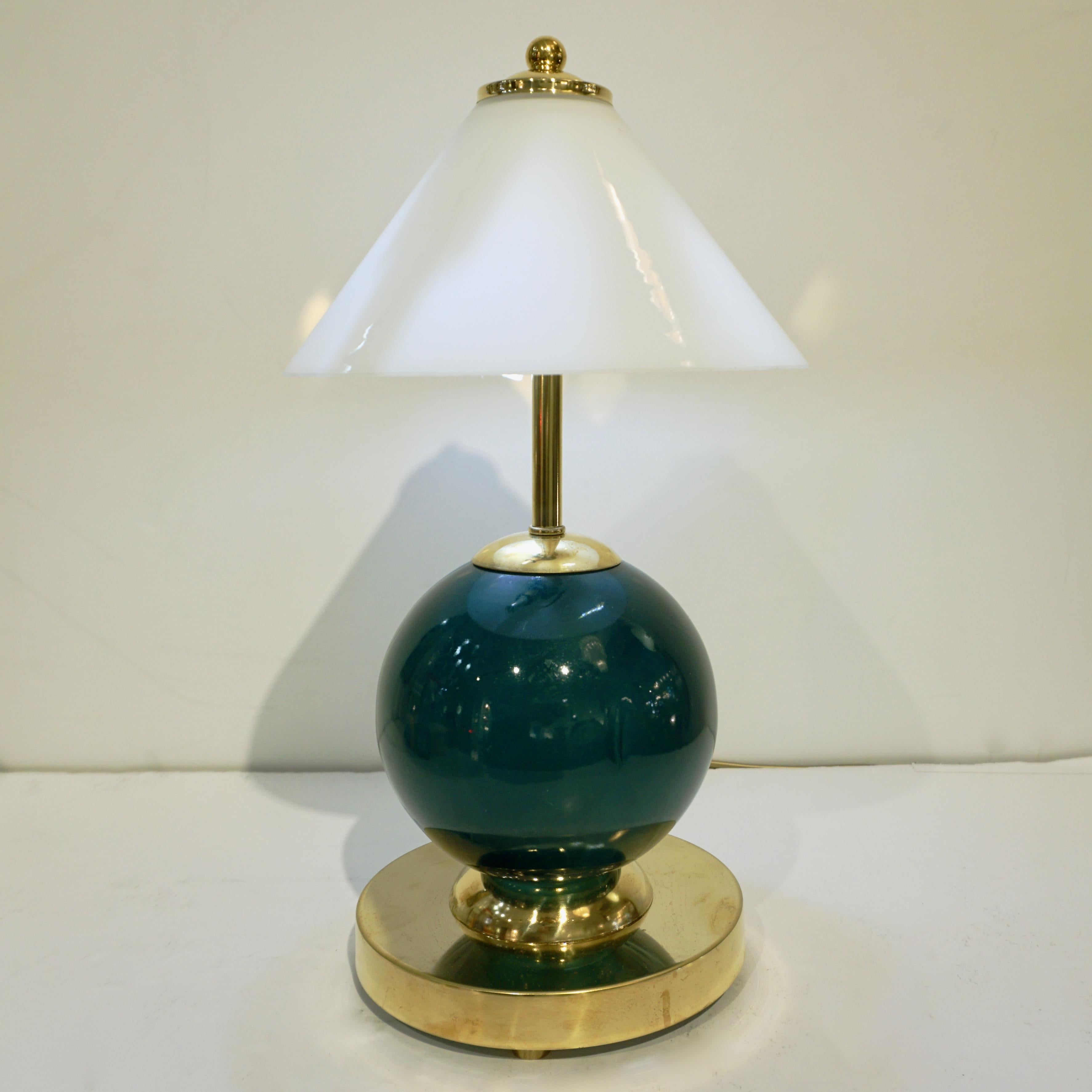 1980s Italian Vintage White & Jade Green Murano Glass Brass Desk / Table Lamps 5