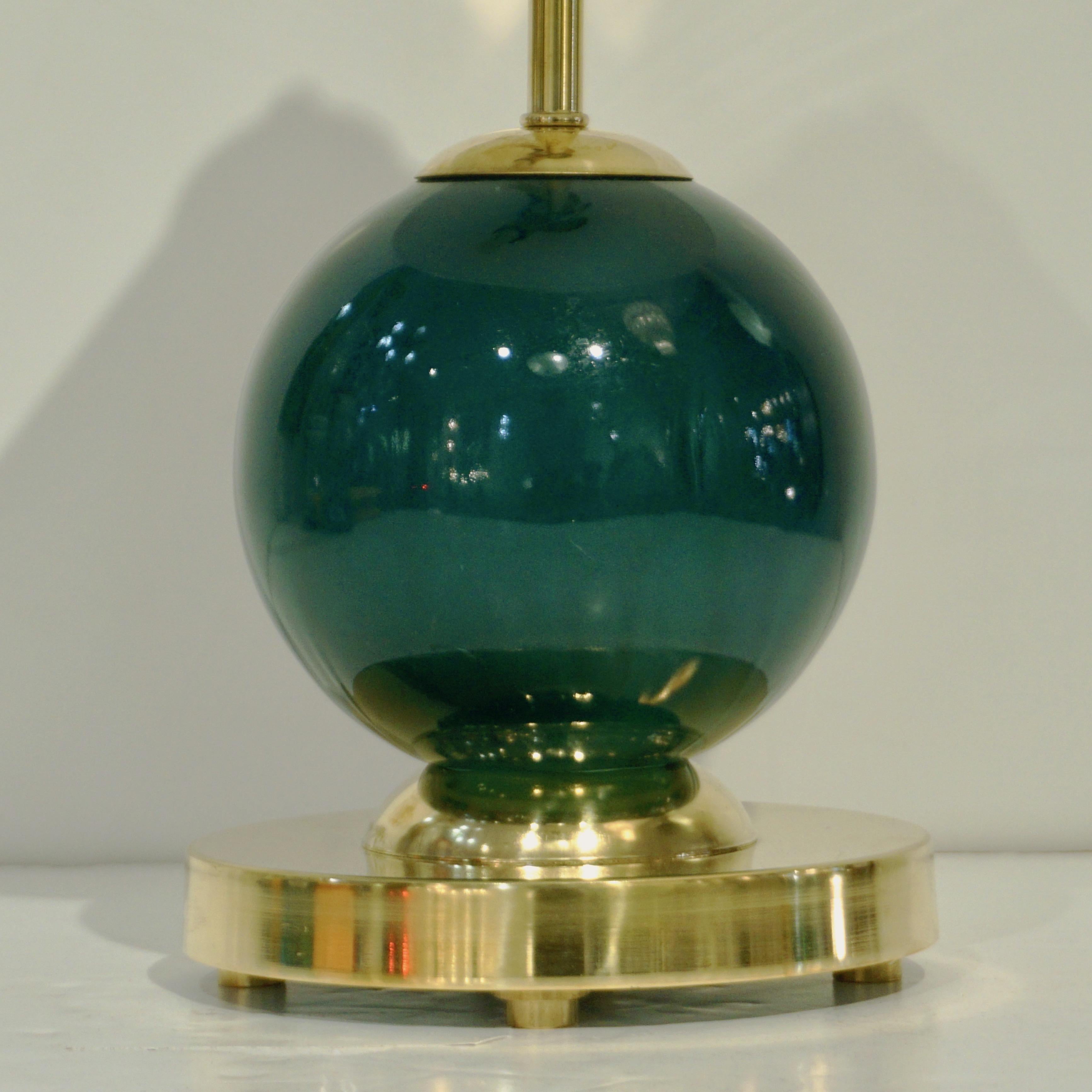 Mid-Century Modern 1980s Italian Vintage White & Jade Green Murano Glass Brass Desk / Table Lamps