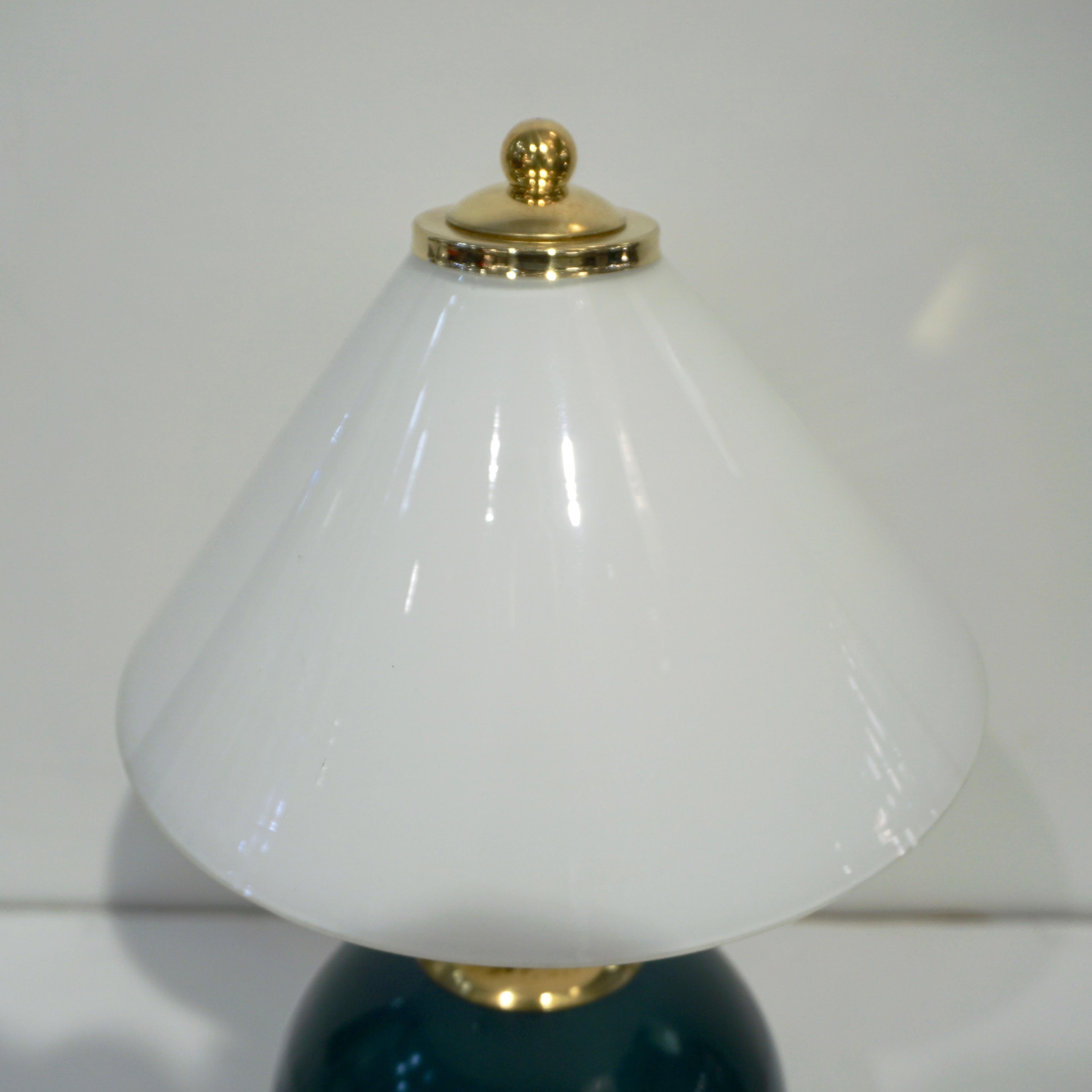 Hand-Crafted 1980s Italian Vintage White & Jade Green Murano Glass Brass Desk / Table Lamps