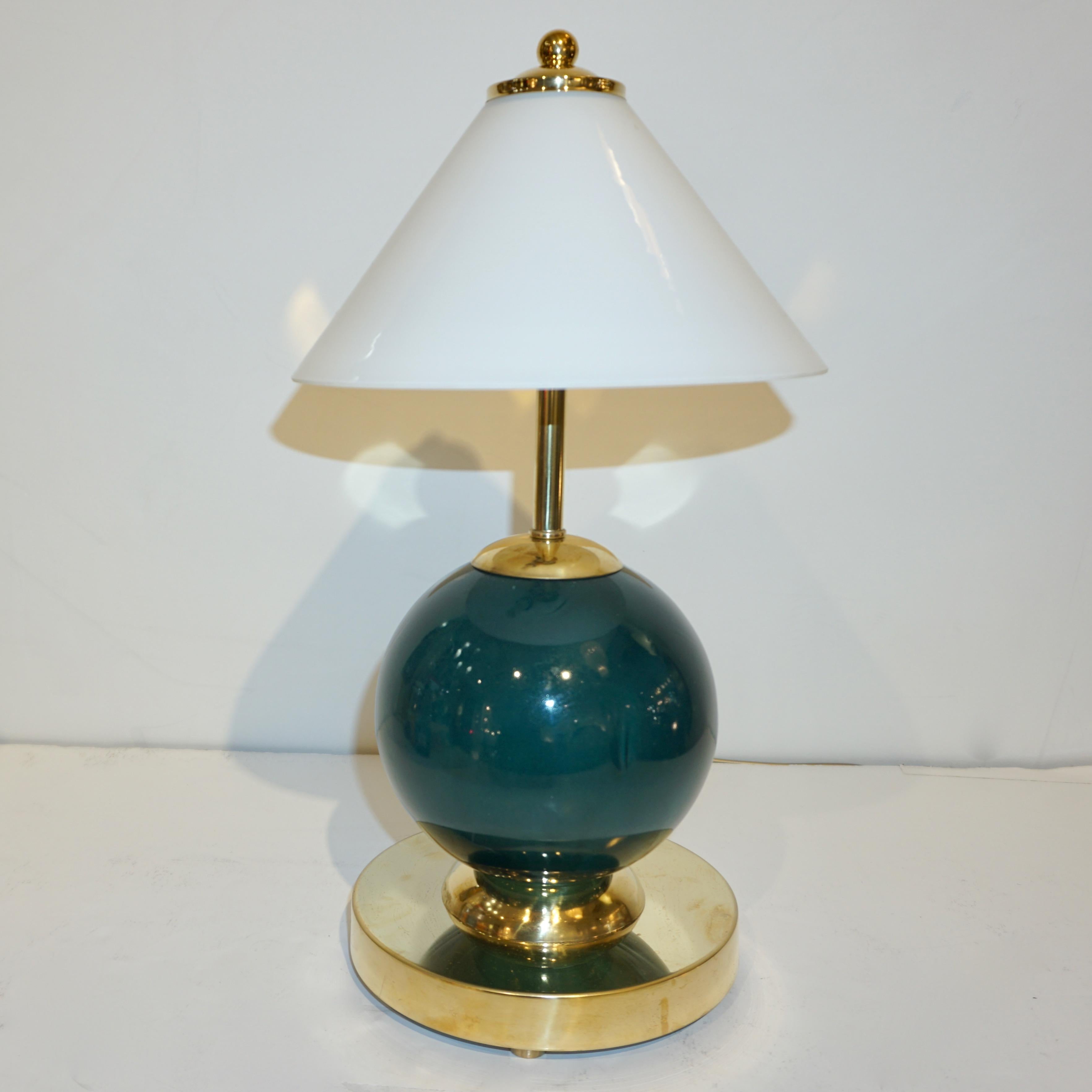 1980s Italian Vintage White & Jade Green Murano Glass Brass Desk / Table Lamps 4
