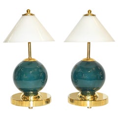 1980s Italian Vintage White & Jade Green Murano Glass Brass Desk / Table Lamps