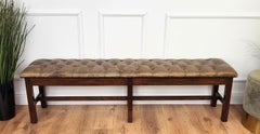 1980s Italian Walnut Button-Tufted Leather Upholstered Long Entry Bed End Bench