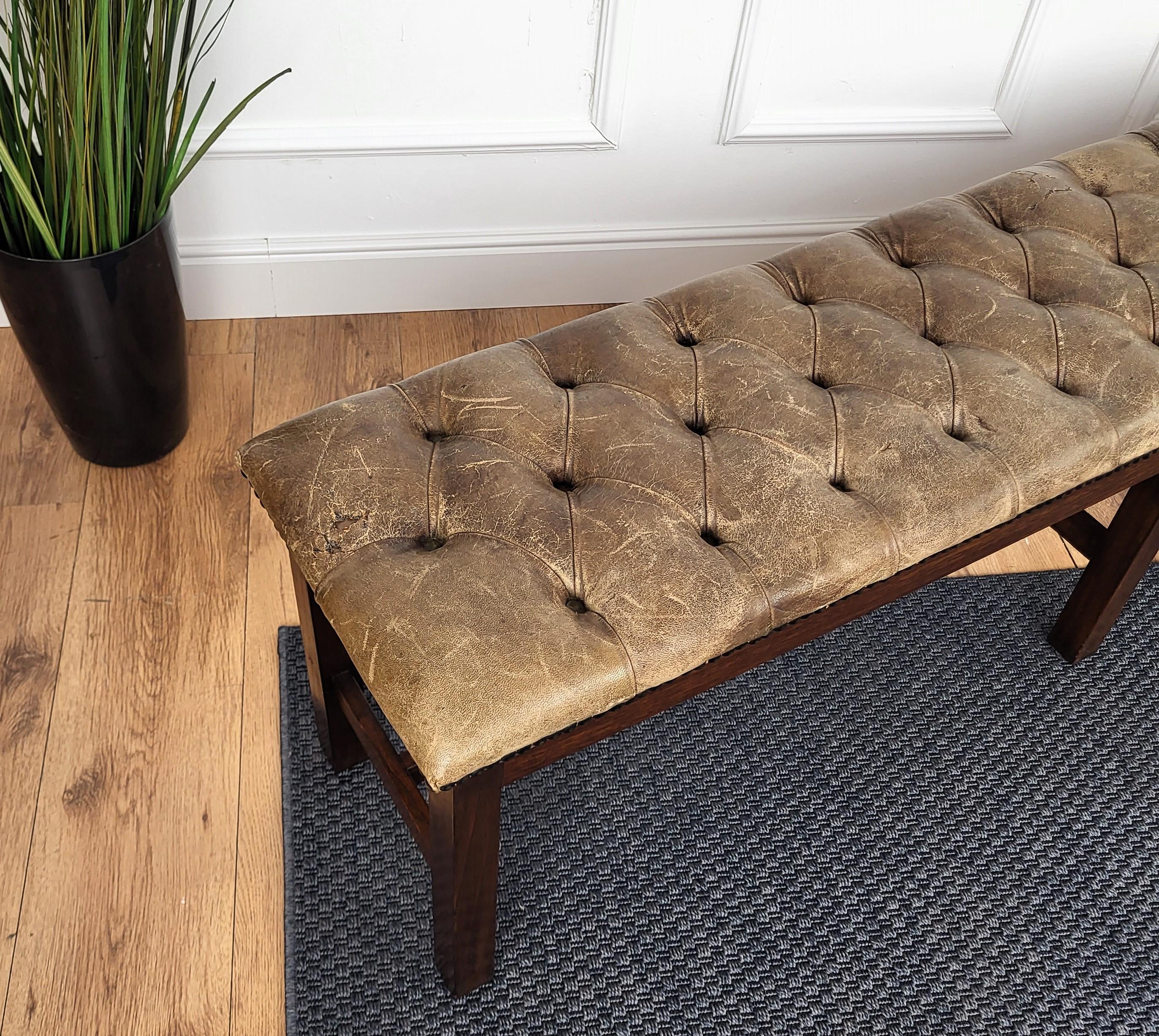 Hand-Knotted 1980s Italian Walnut Button-Tufted Leather Upholstered Long Entry Bed End Bench For Sale