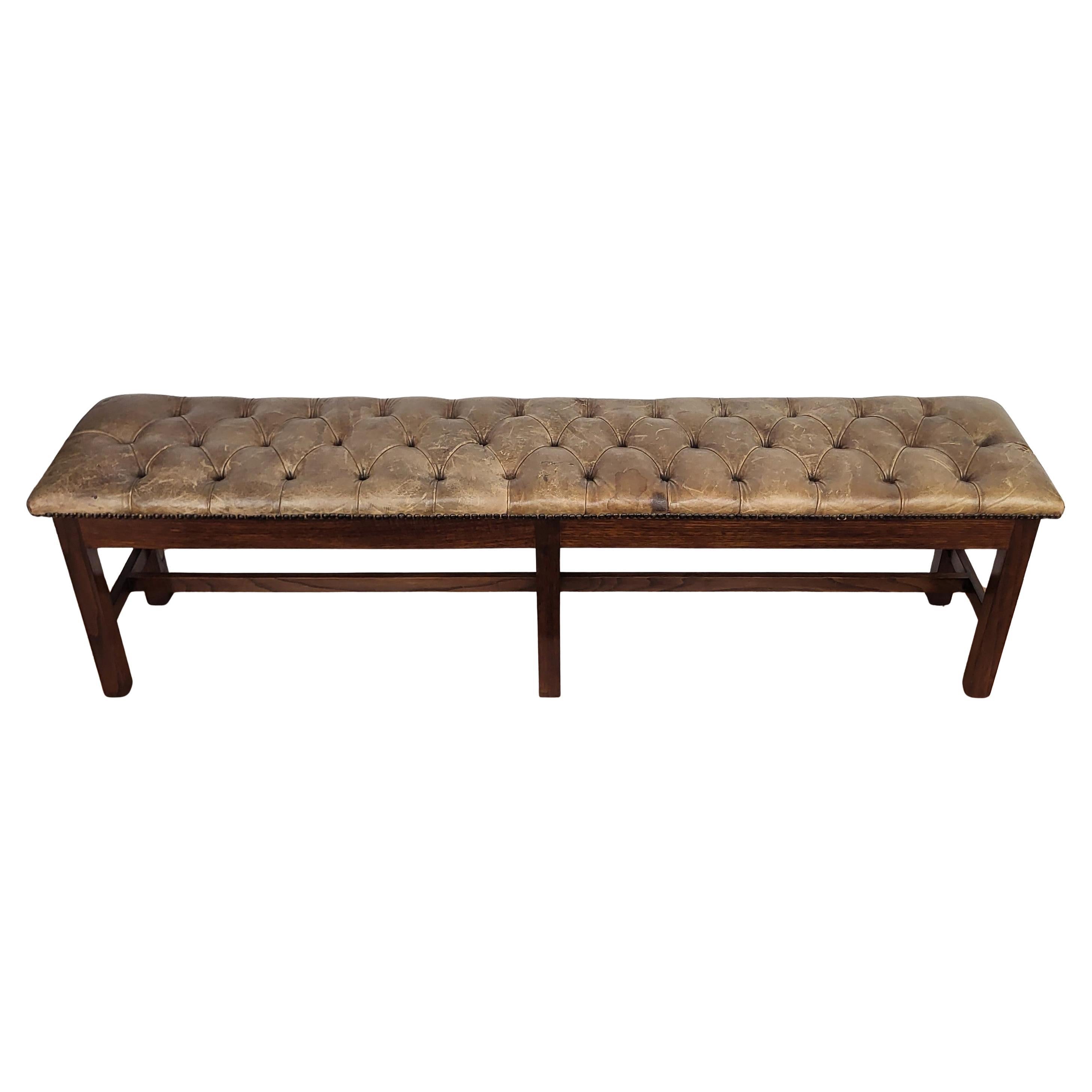 1980s Italian Walnut Button-Tufted Leather Upholstered Long Entry Bed End Bench