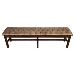 1980s Italian Walnut Button-Tufted Leather Upholstered Long Entry Bed End Bench
