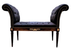 1980s Italian Walnut Button-Tufted Leather Upholstered Roll Arm Window Seat