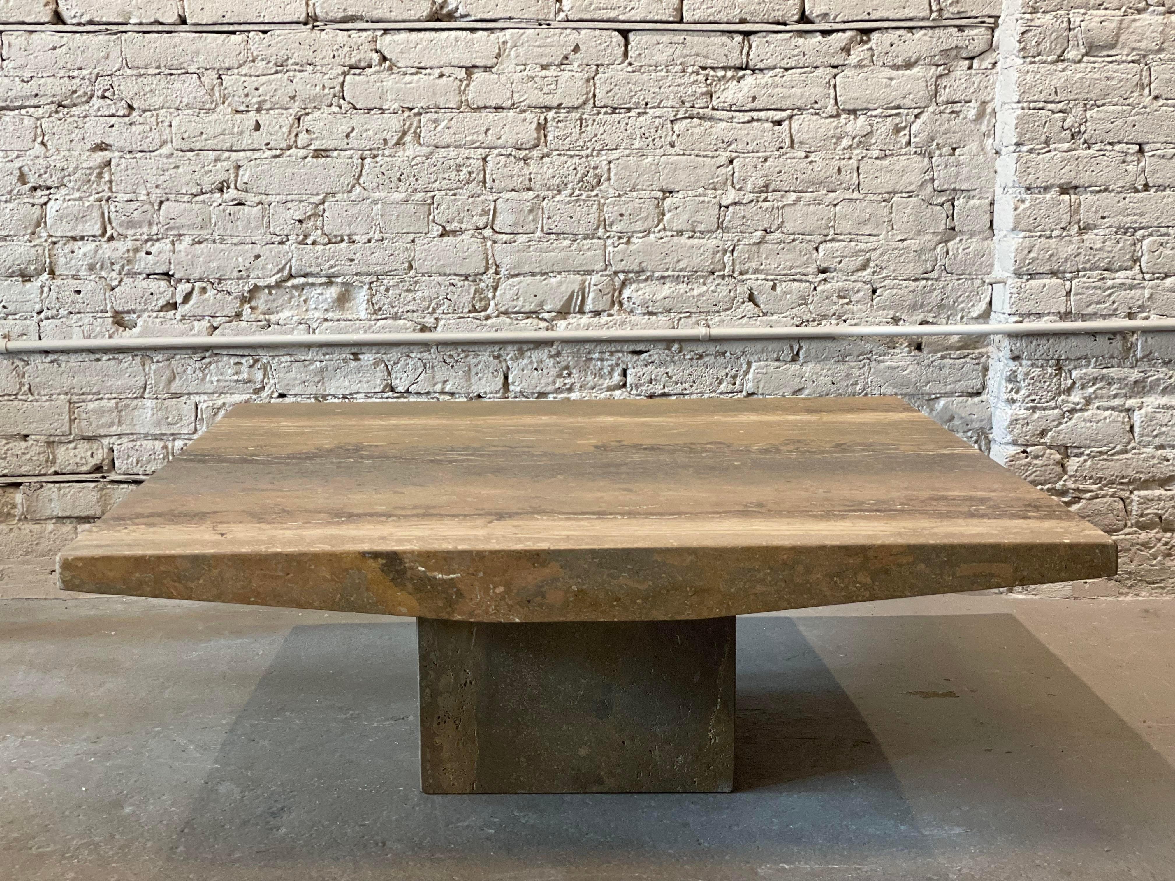 Late 20th Century 1980s Italian Walnut Travertine Postmodern Coffee Table with Bowed Edge, Honed For Sale