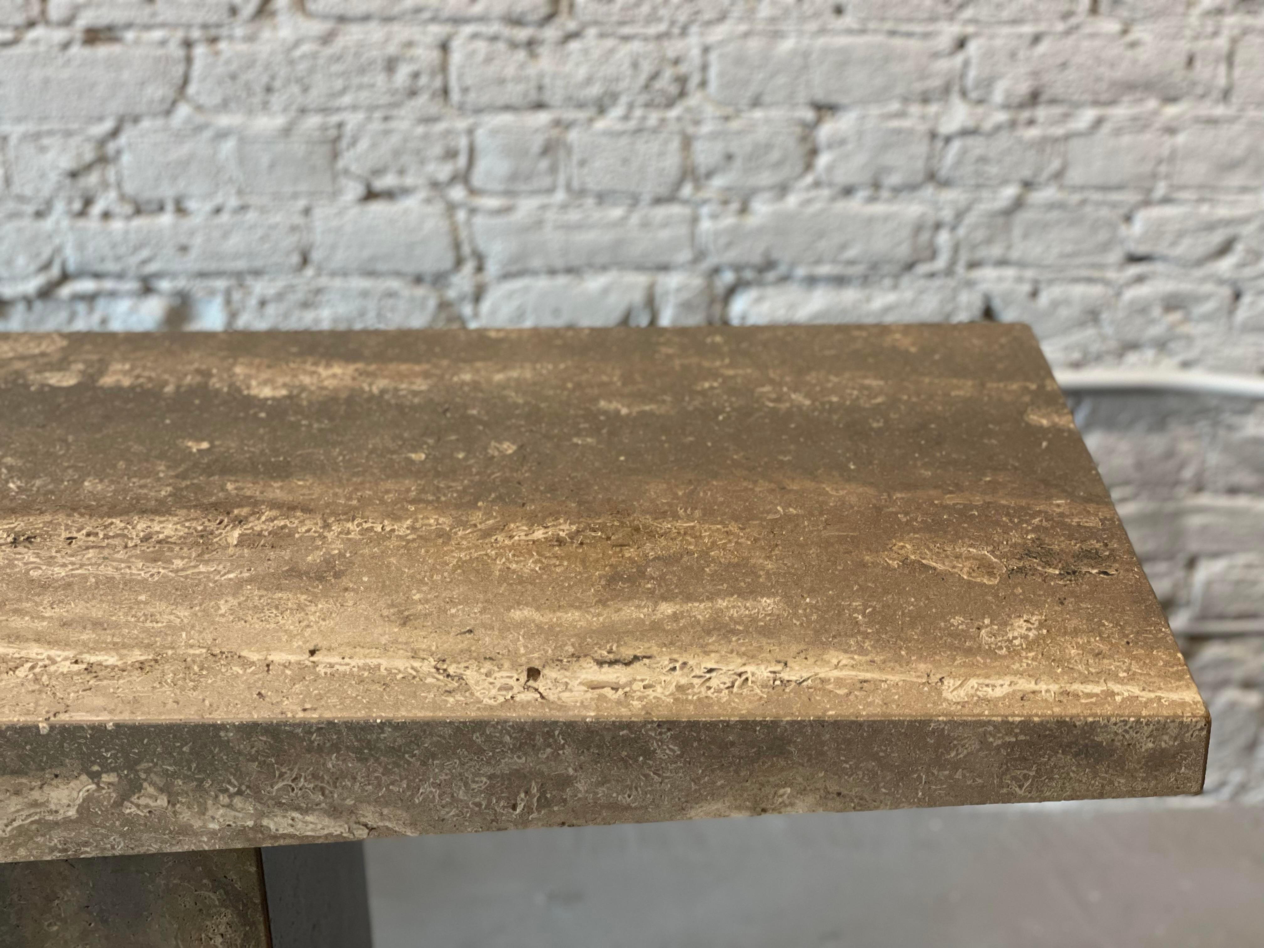 1980s Italian Walnut Travertine Postmodern Console Table with Bowed Edge, Honed In Good Condition In Chicago, IL