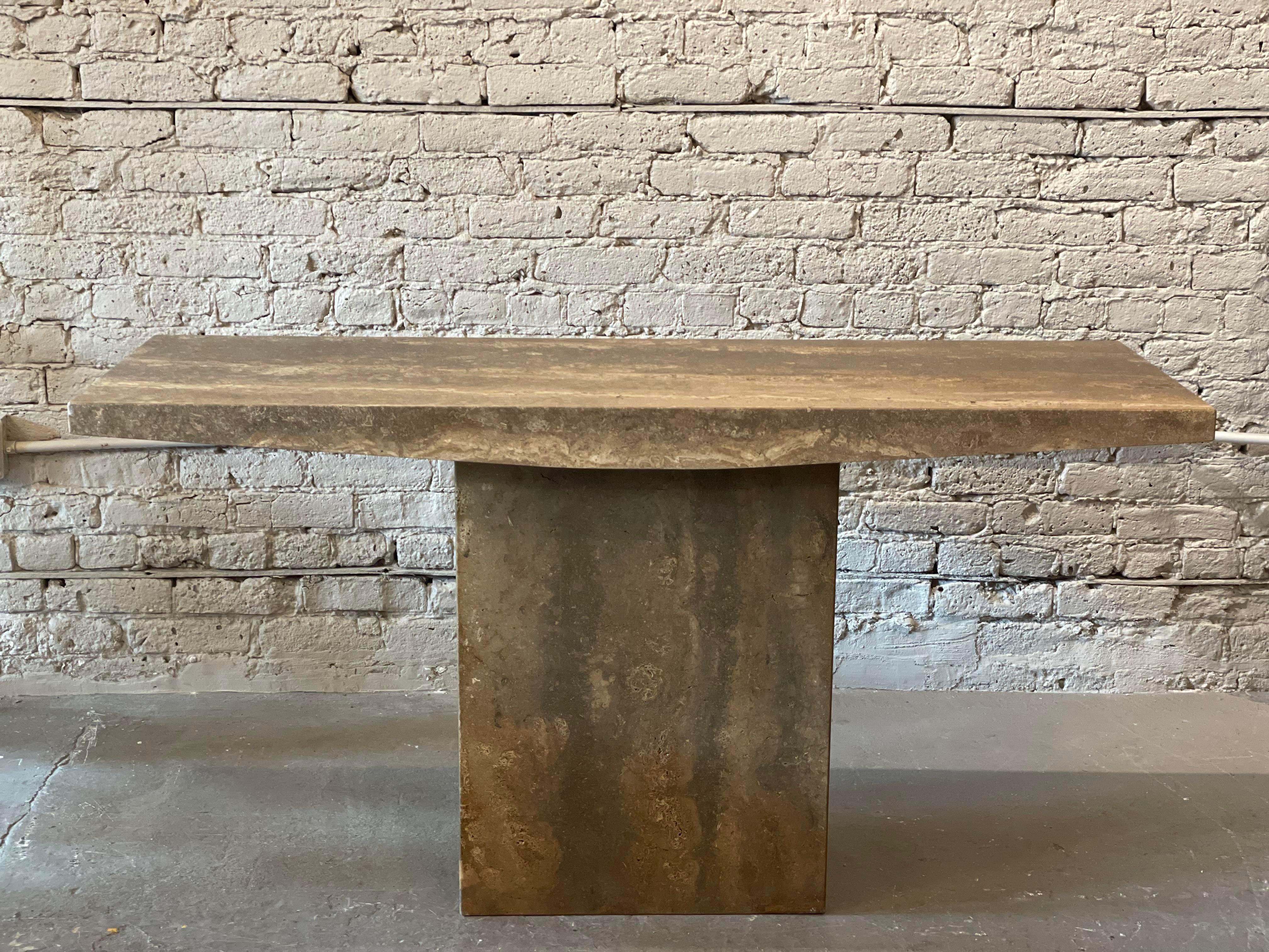 Late 20th Century 1980s Italian Walnut Travertine Postmodern Console Table with Bowed Edge, Honed